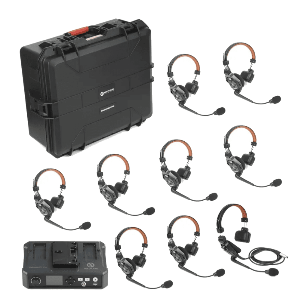 Hollyland Solidcom C1 Pro hub, hard case and nine single-ear headsets, one of them a wired headset