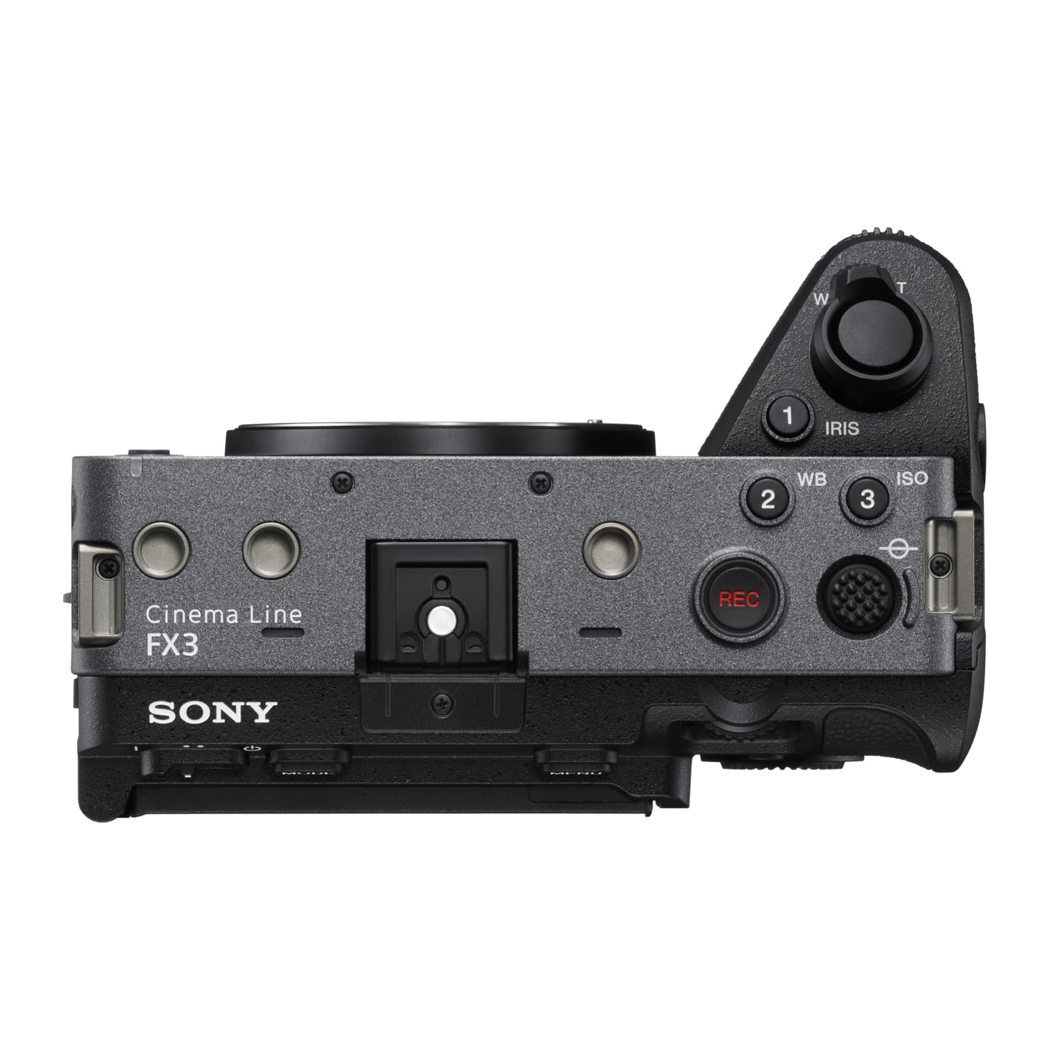 Sony FX3 top view: record button, zoom lever, multi-interface shoe and 1/4-20 mounting holes