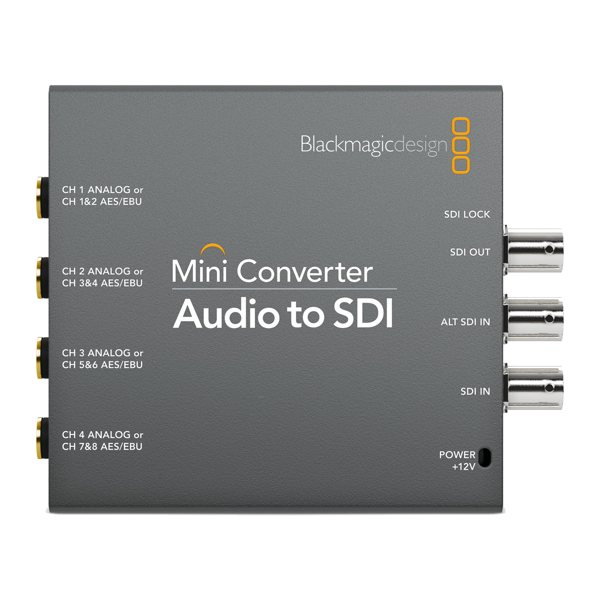 Blackmagic Mini Converter Audio to SDI top panel with audio inputs, SDI in, ALT SDI in and SDI out