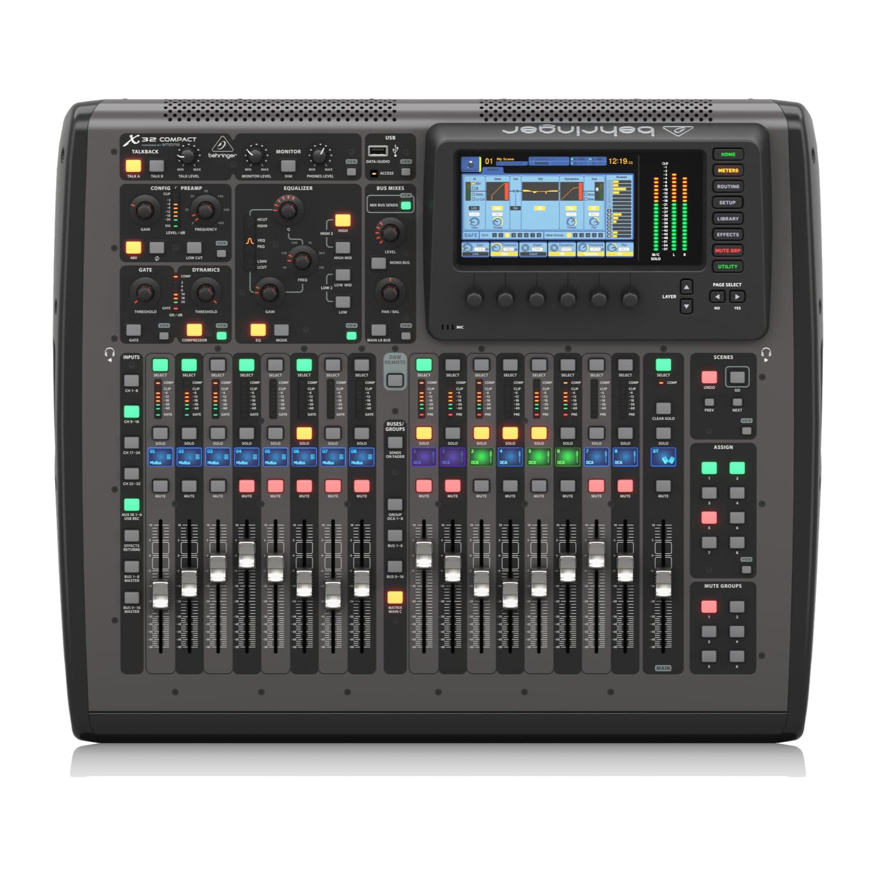 Behringer X32 Compact seen from directly above, with channel strips, scene and mute-group sections