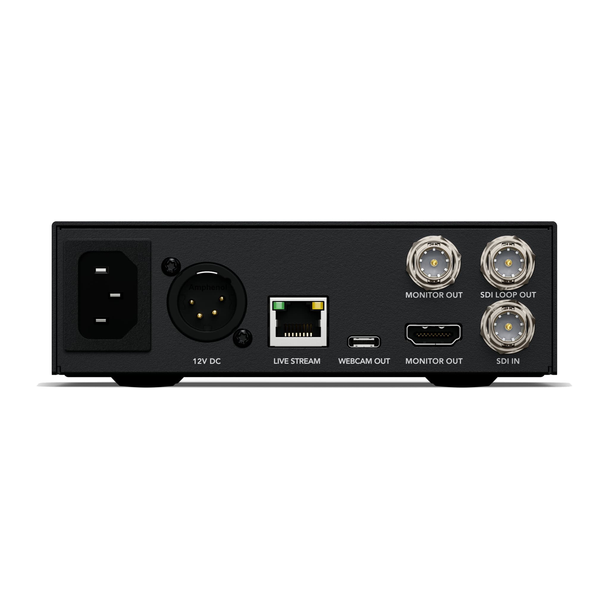 Rear of the Web Presenter 4K: AC and 12V DC power, Ethernet, USB-C webcam out, HDMI and SDI