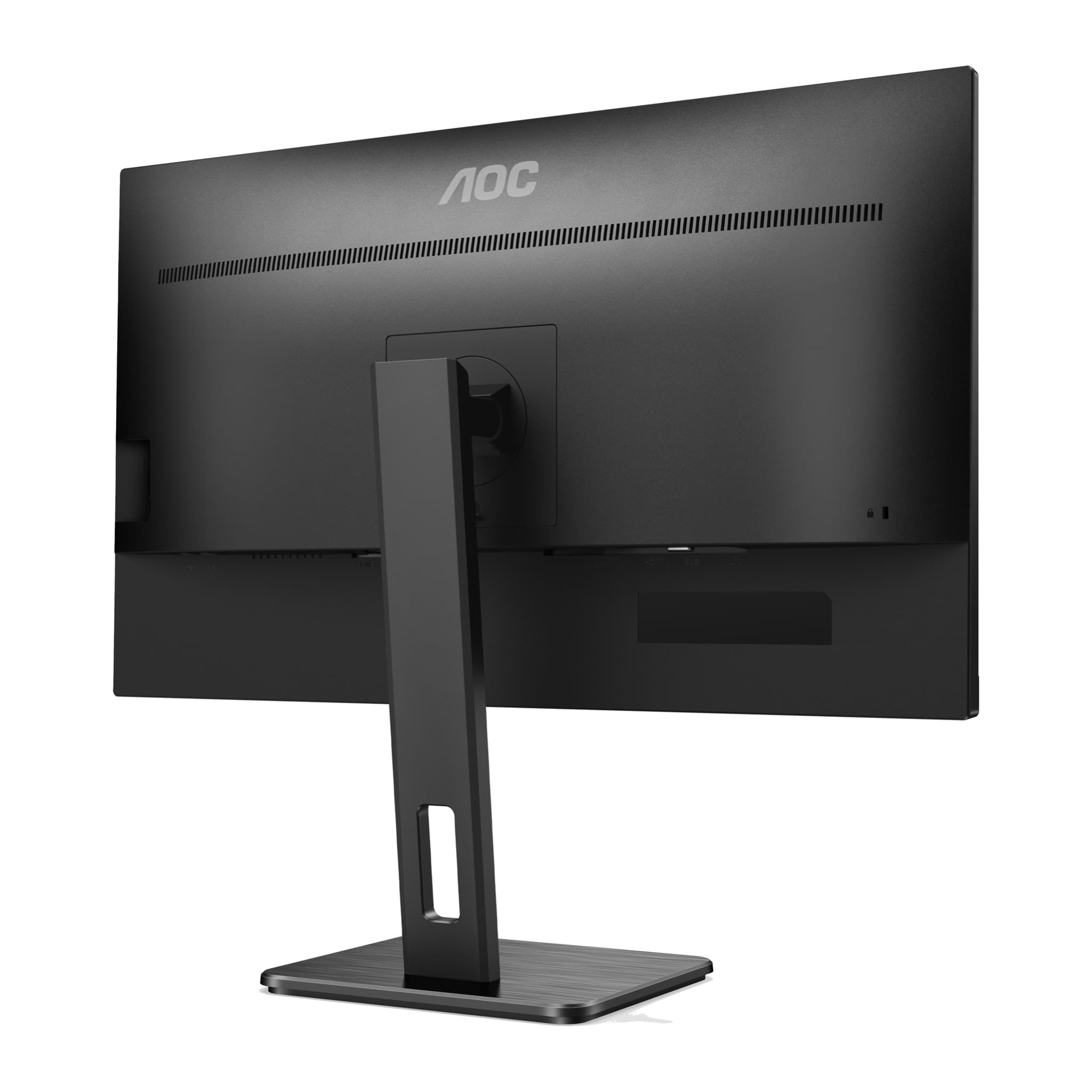 AOC 27P2Q monitor rear three-quarter view with stand column and downward-facing ports