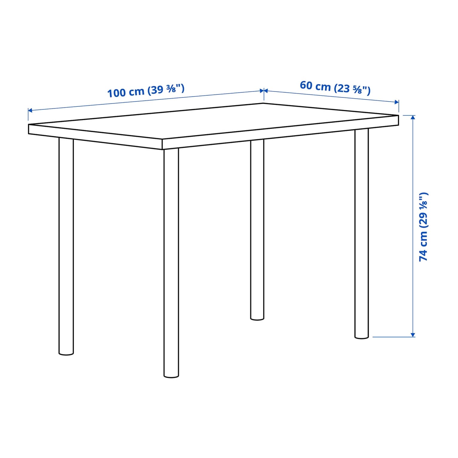IKEA dimension drawing of the LINNMON / ADILS table: 100 x 60 cm top, 74 cm total height