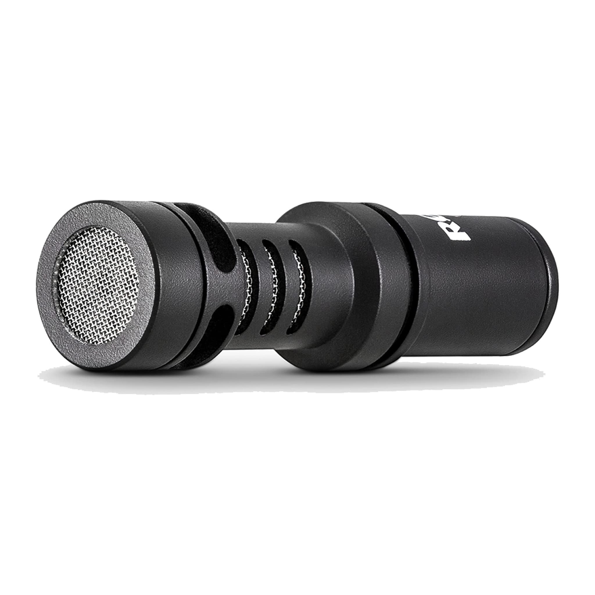 RODE VideoMicro microphone body without mount, showing the mesh capsule and slotted barrel
