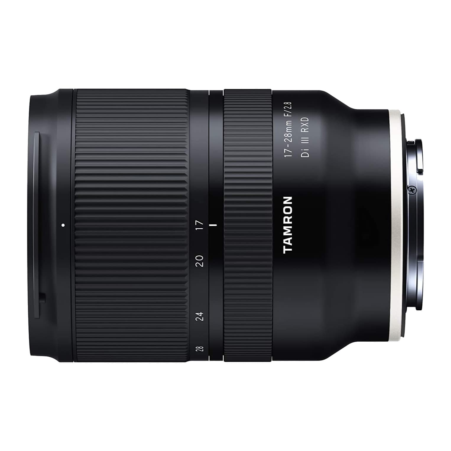 Tamron 17-28mm F/2.8 Di III RXD lens lying on its side, zoom scale and Tamron branding