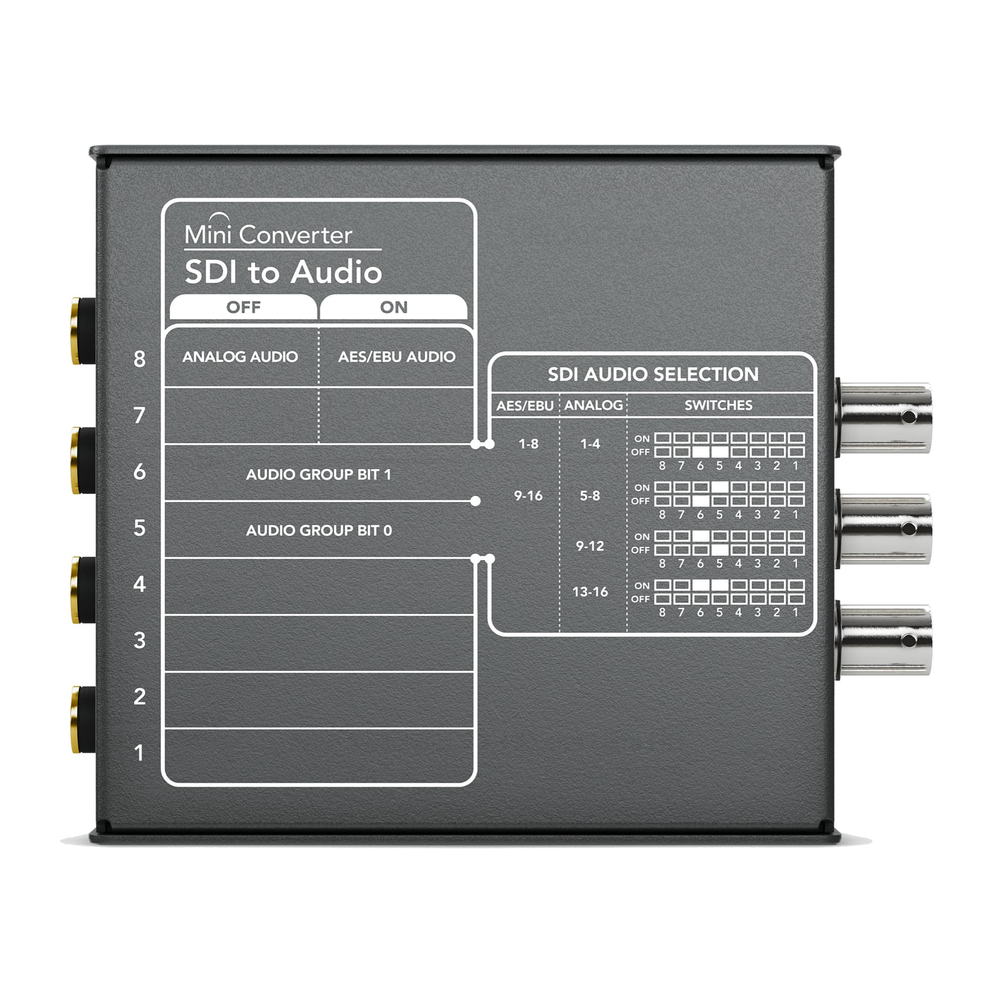 Underside of the Mini Converter SDI to Audio with the DIP switch settings chart