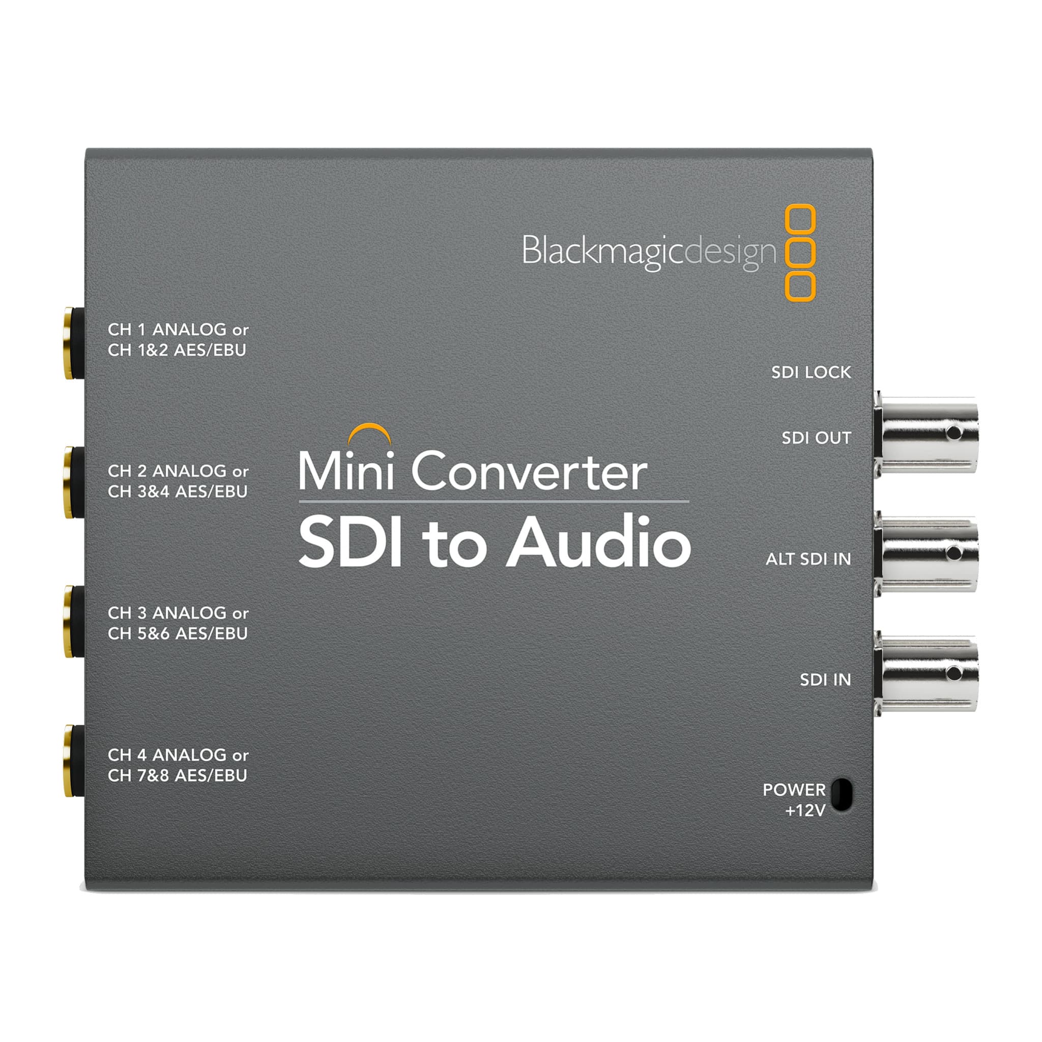Blackmagic Mini Converter SDI to Audio top panel with labelled audio outputs and SDI connections
