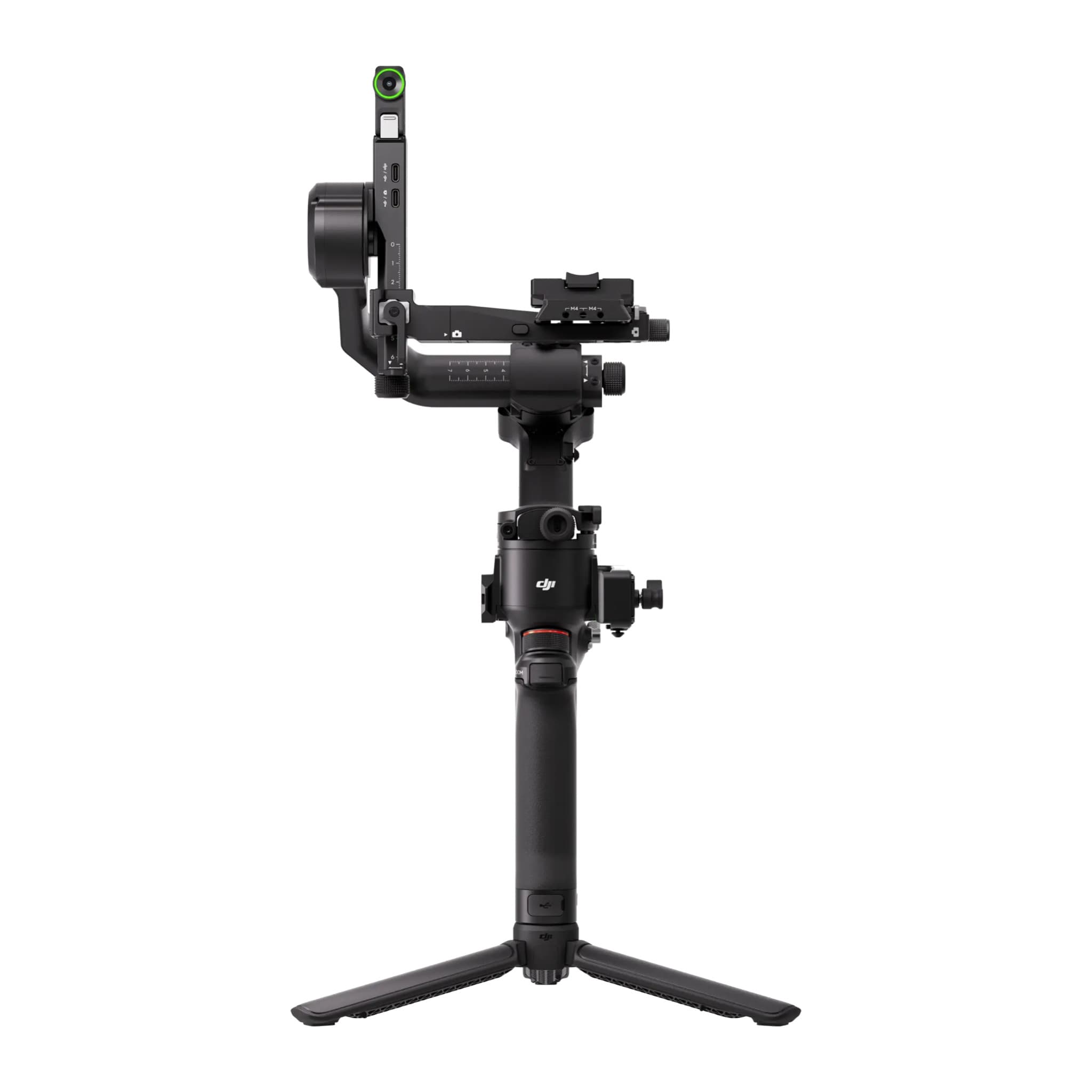 DJI RS 5 gimbal front view without camera, showing the quick-release plate and roll motor