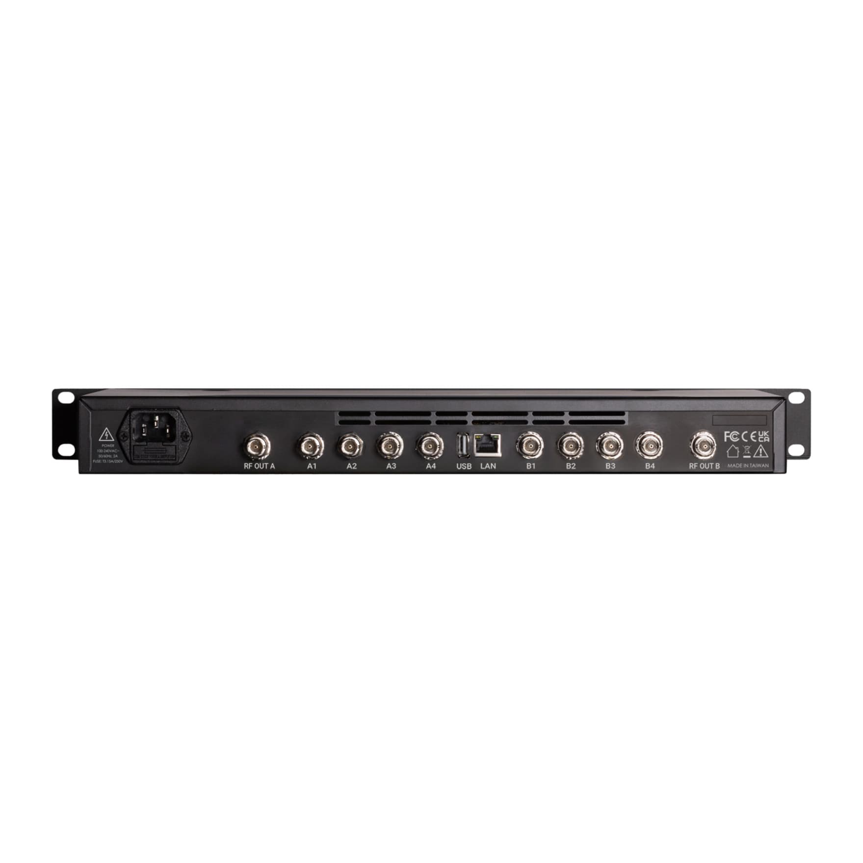 RF Venue 4 ZONE-Network rear panel: IEC power, BNC inputs A1-A4 and B1-B4, RF outputs, USB and LAN