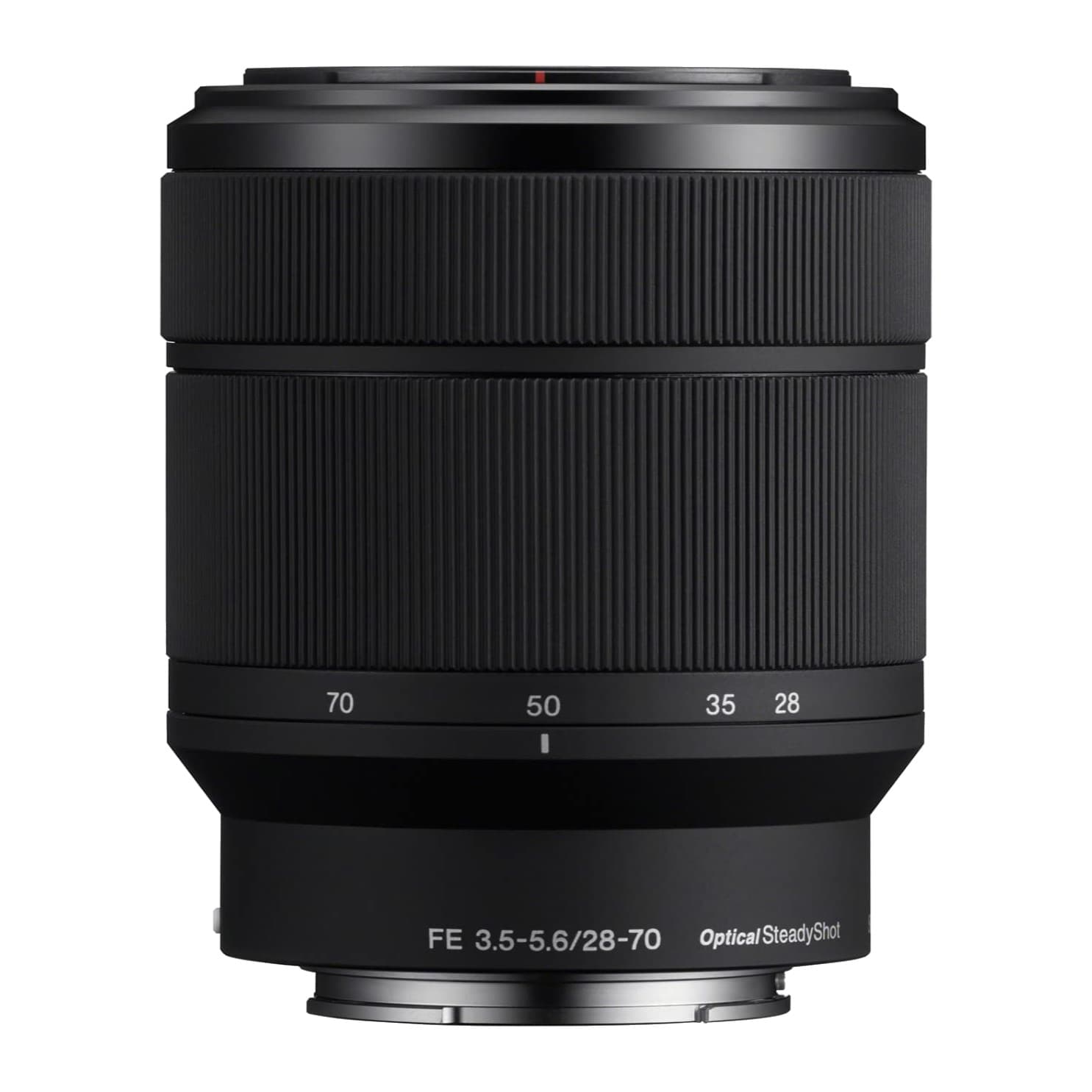 Sony FE 28-70mm F3.5-5.6 OSS lens standing upright, side view with zoom and focus rings