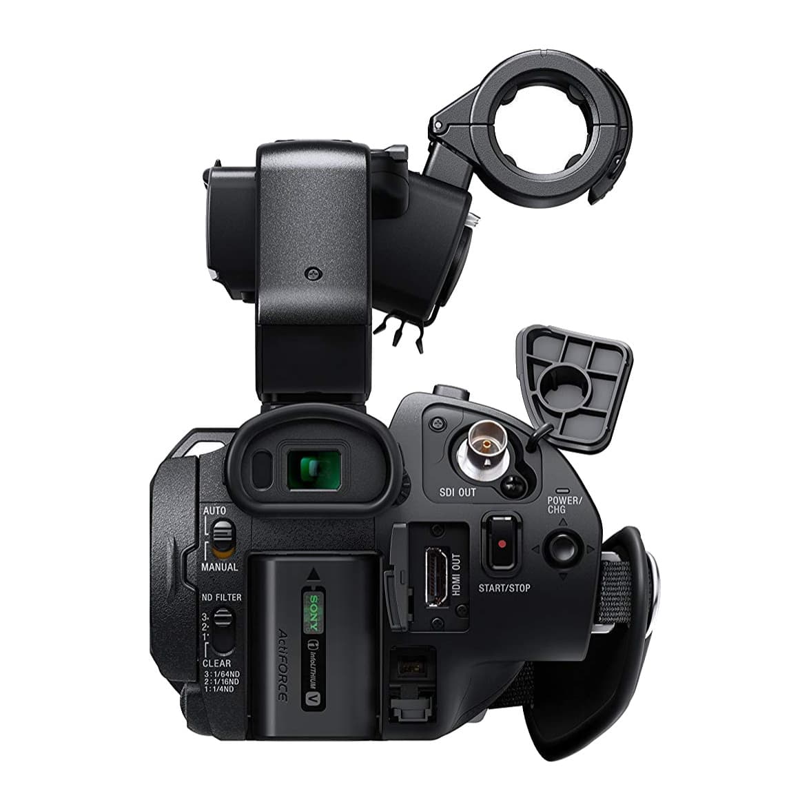 Sony PXW-X70 rear: viewfinder, battery, ND filter switch, SDI OUT, HDMI OUT and record button