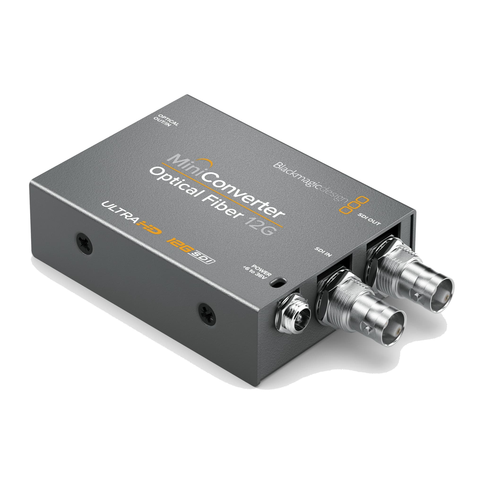 Mini Converter Optical Fiber 12G showing the SDI in and out BNCs and 6-36 V power socket
