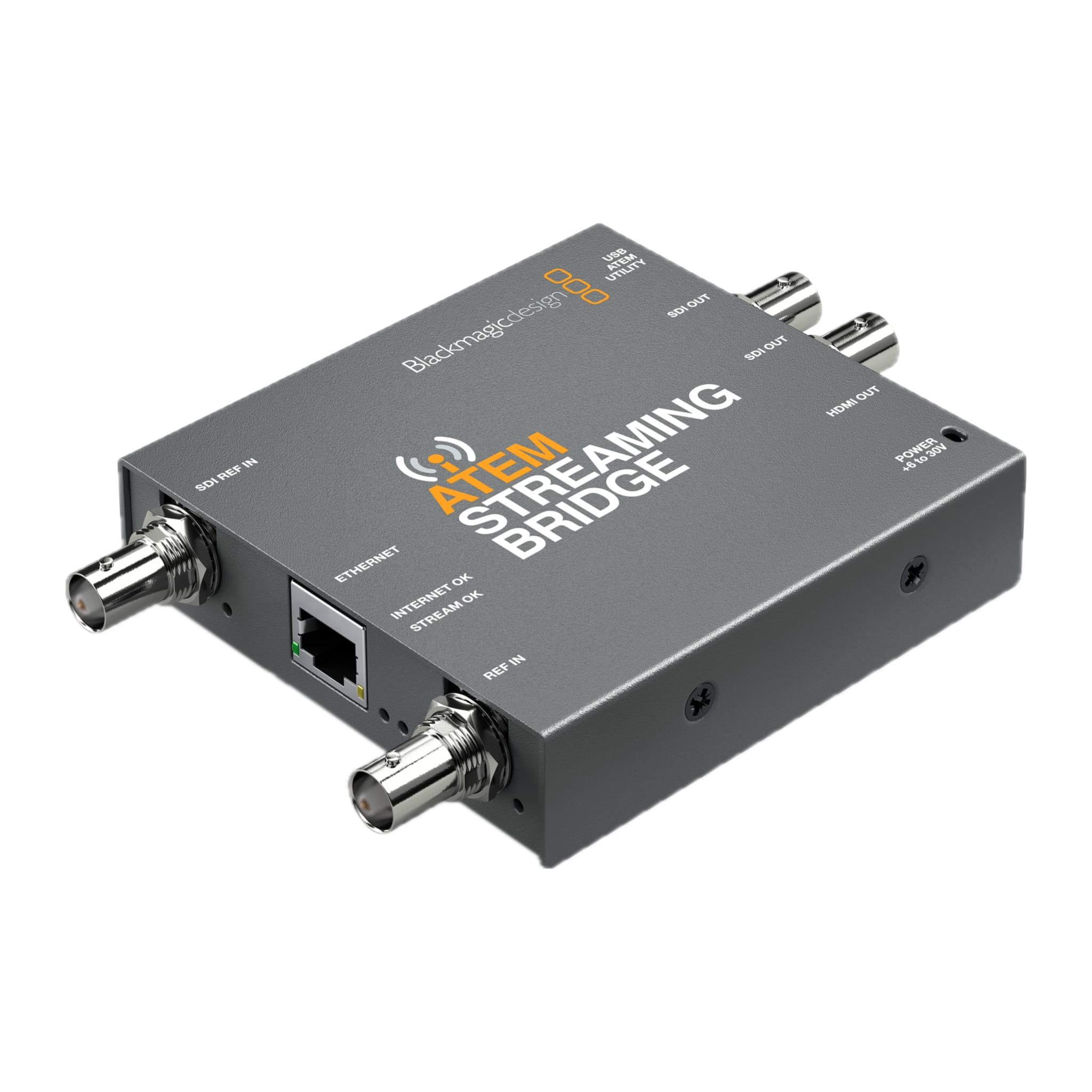 ATEM Streaming Bridge from the left showing Ethernet port, SDI and reference inputs