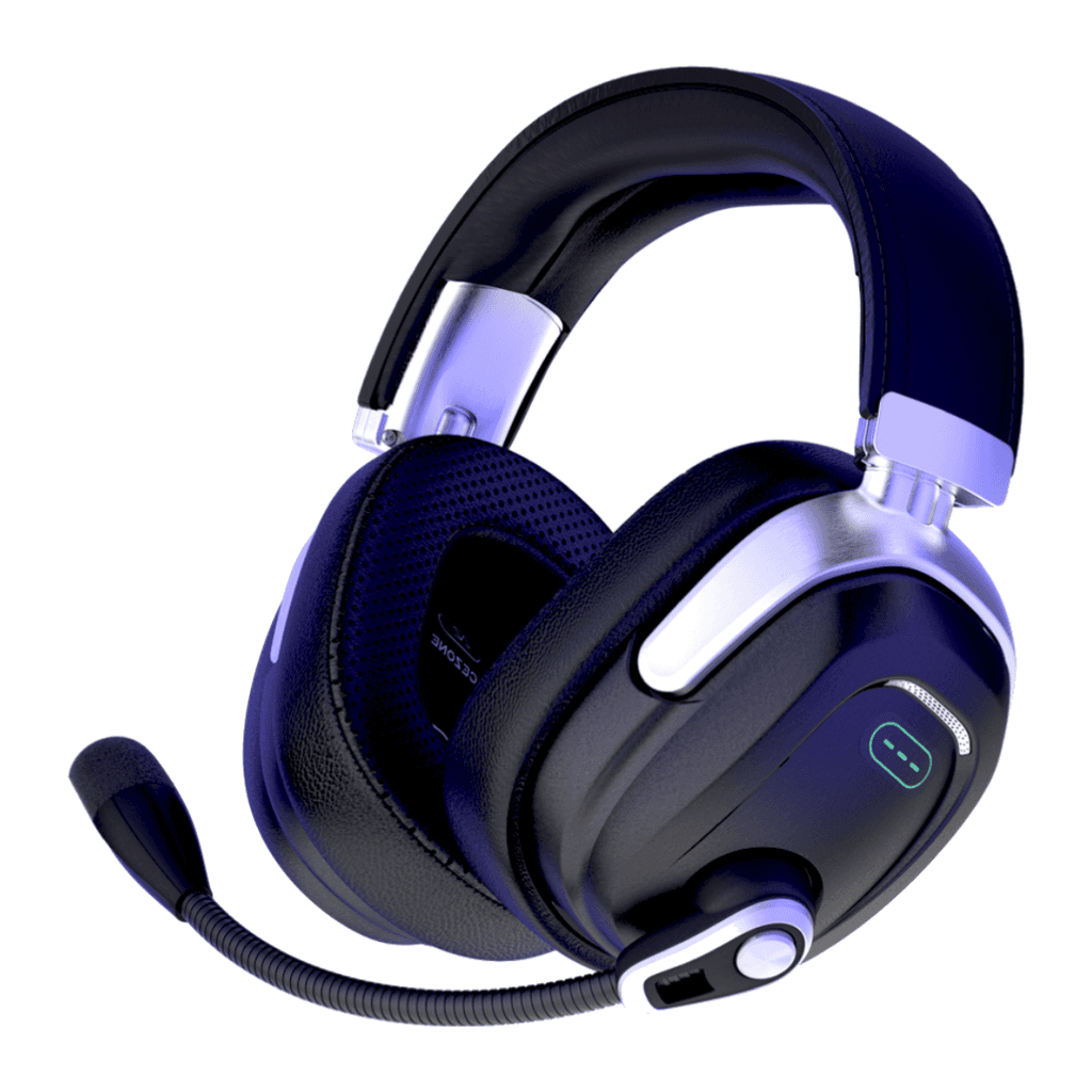 AceZone A-Live headset render with leather headband, aluminium yokes and boom microphone
