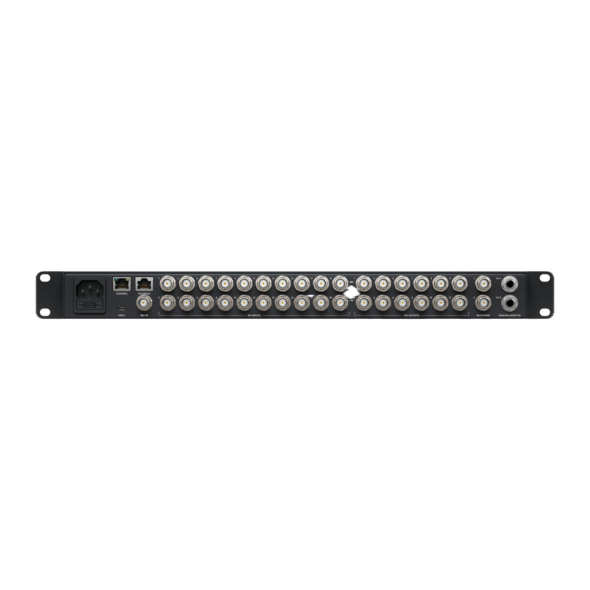 Rear of the ATEM 2 M/E Constellation HD with SDI inputs and outputs, Ethernet and power