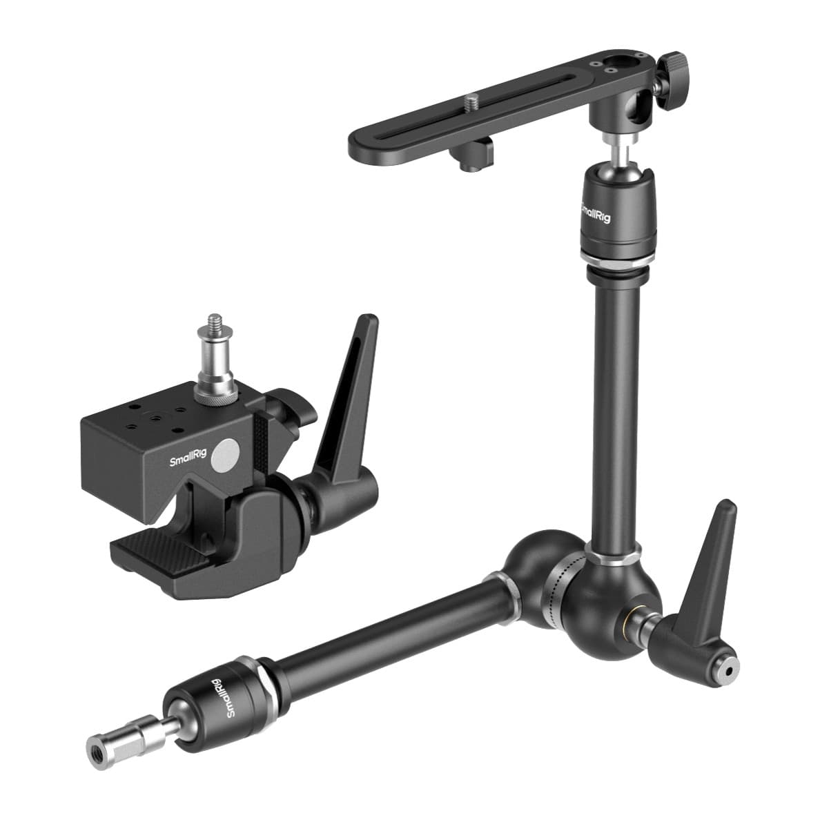 SmallRig super clamp with stud fitted beside the bent magic arm, showing clamp jaws and silicone pad