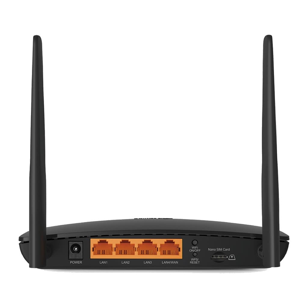 Rear of the TL-MR6400: power jack, four LAN ports (one LAN/WAN), Wi-Fi/WPS buttons and nano-SIM slot