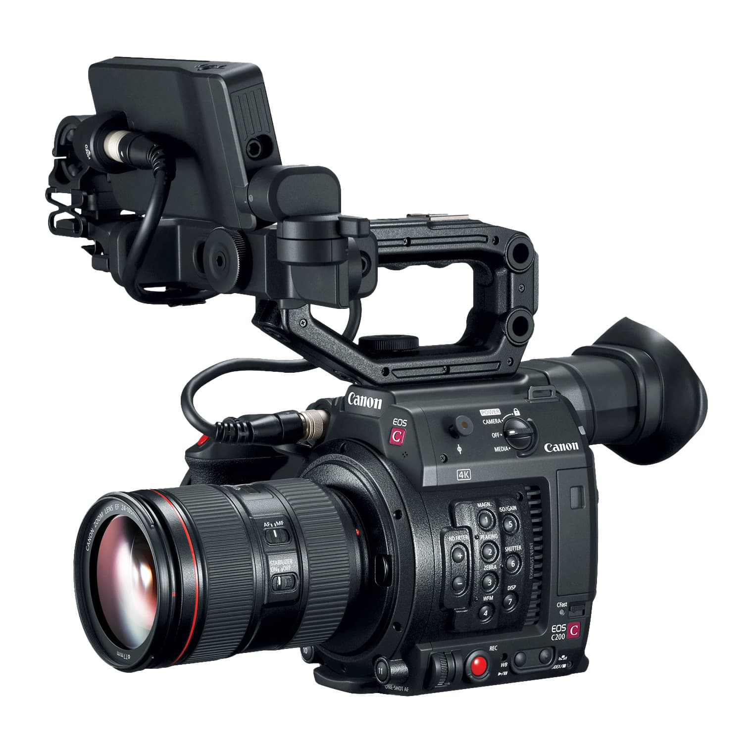 Canon EOS C200 with LCD monitor, top handle, grip and EF zoom lens, front three-quarter view