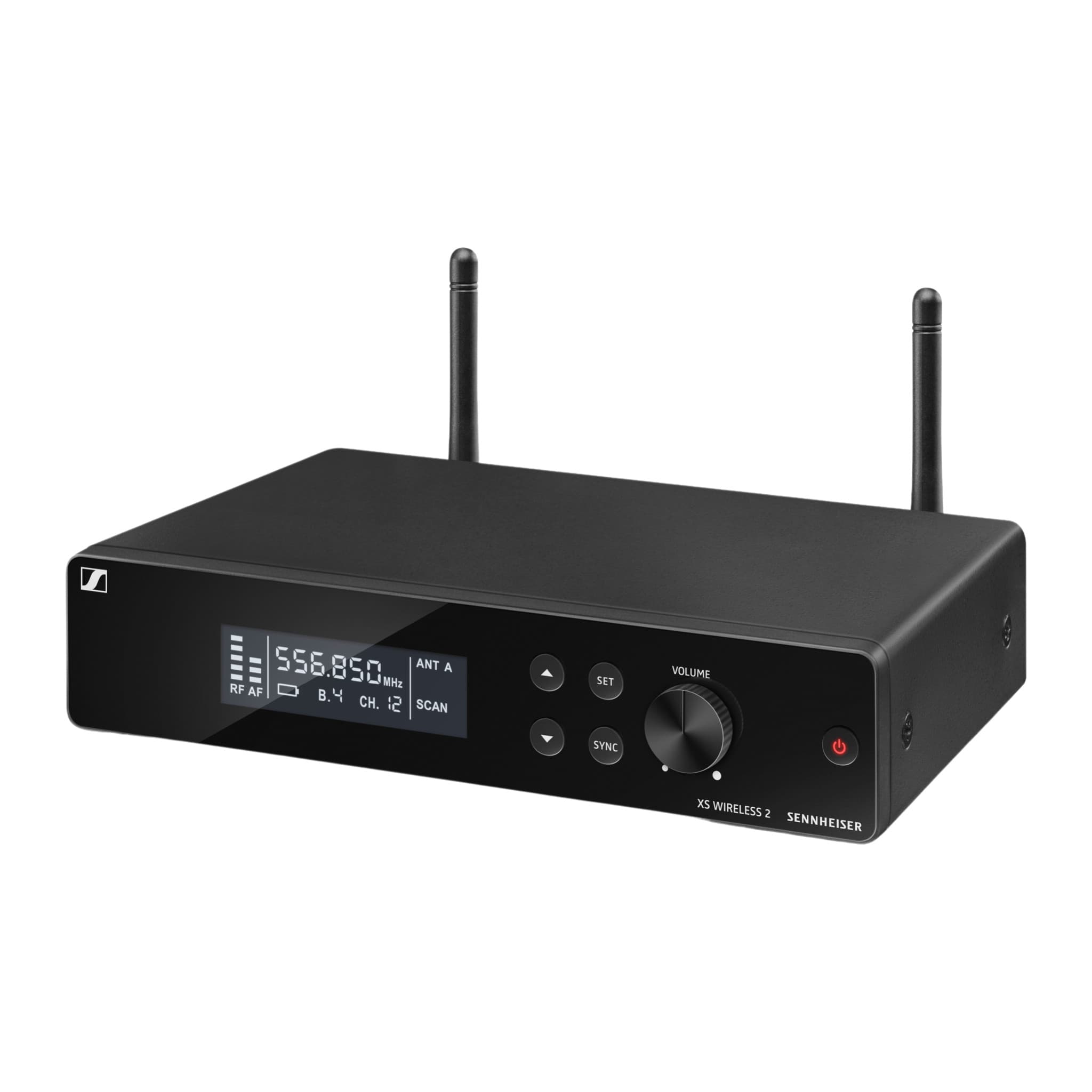 Sennheiser EM-XSW 2 receiver, front three-quarter view with LCD, buttons, volume knob and antennas