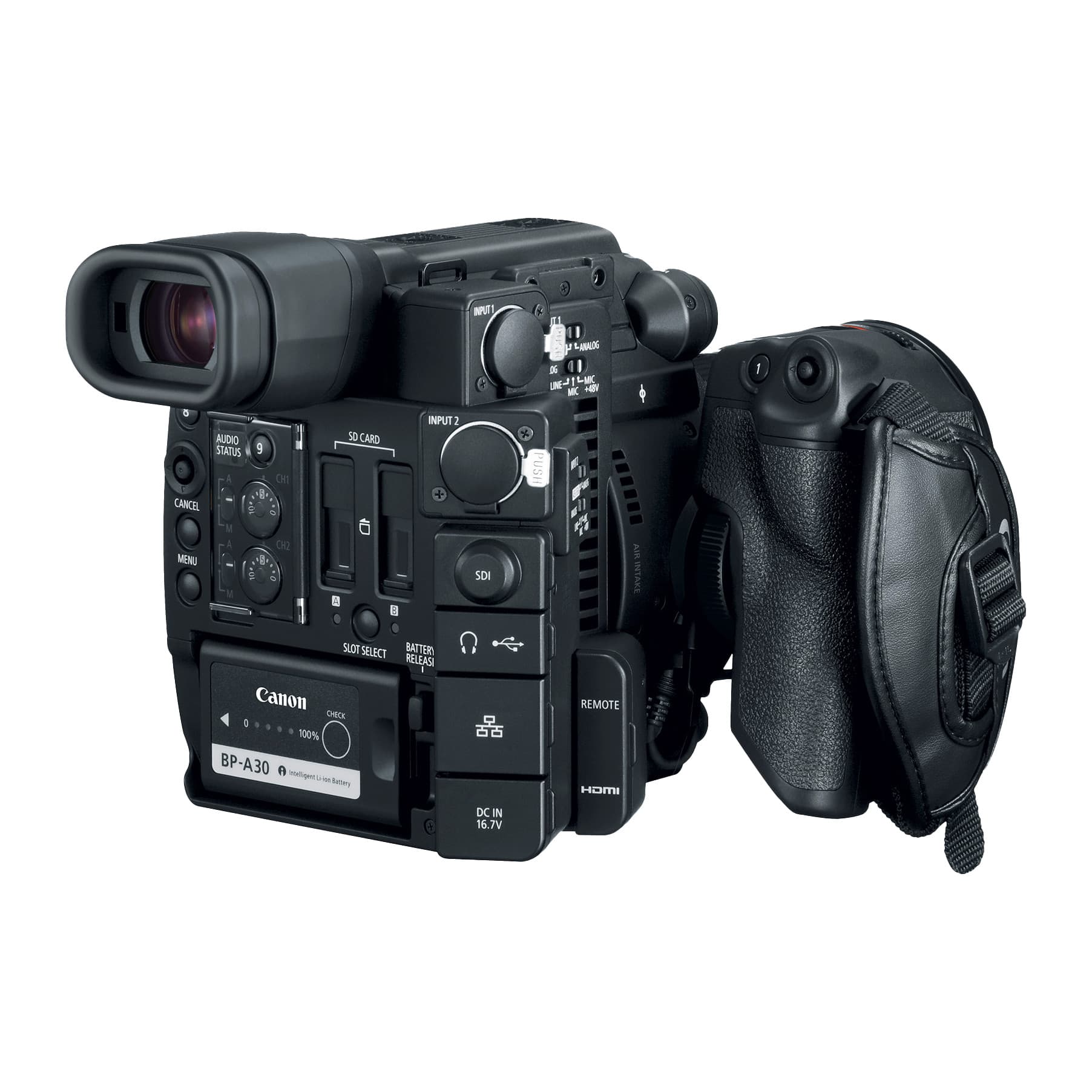Canon EOS C200 rear: XLR inputs, SDI, HDMI, dual SD slots, BP-A30 battery and hand grip