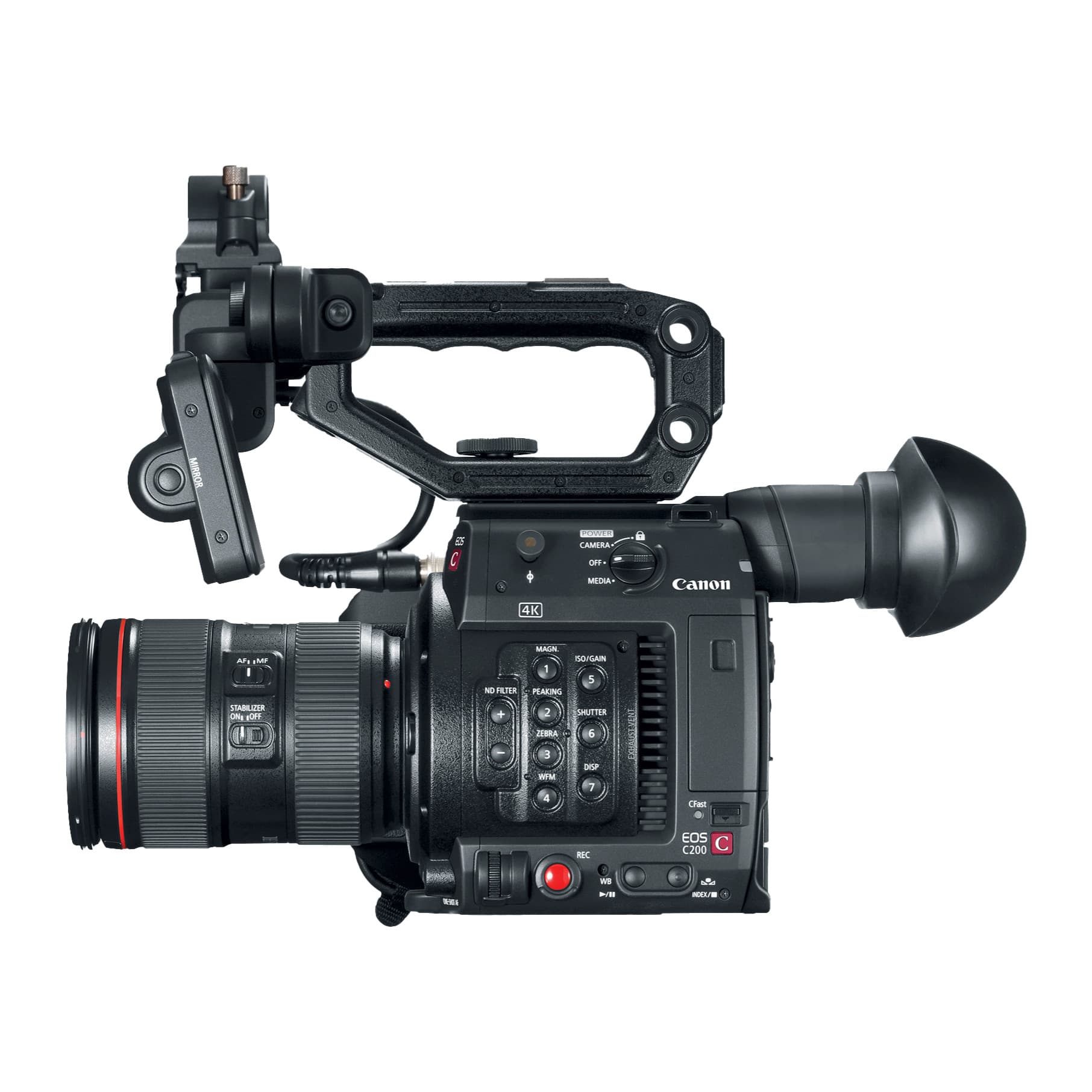 Canon EOS C200 left side with top handle, LCD monitor, viewfinder and EF zoom lens
