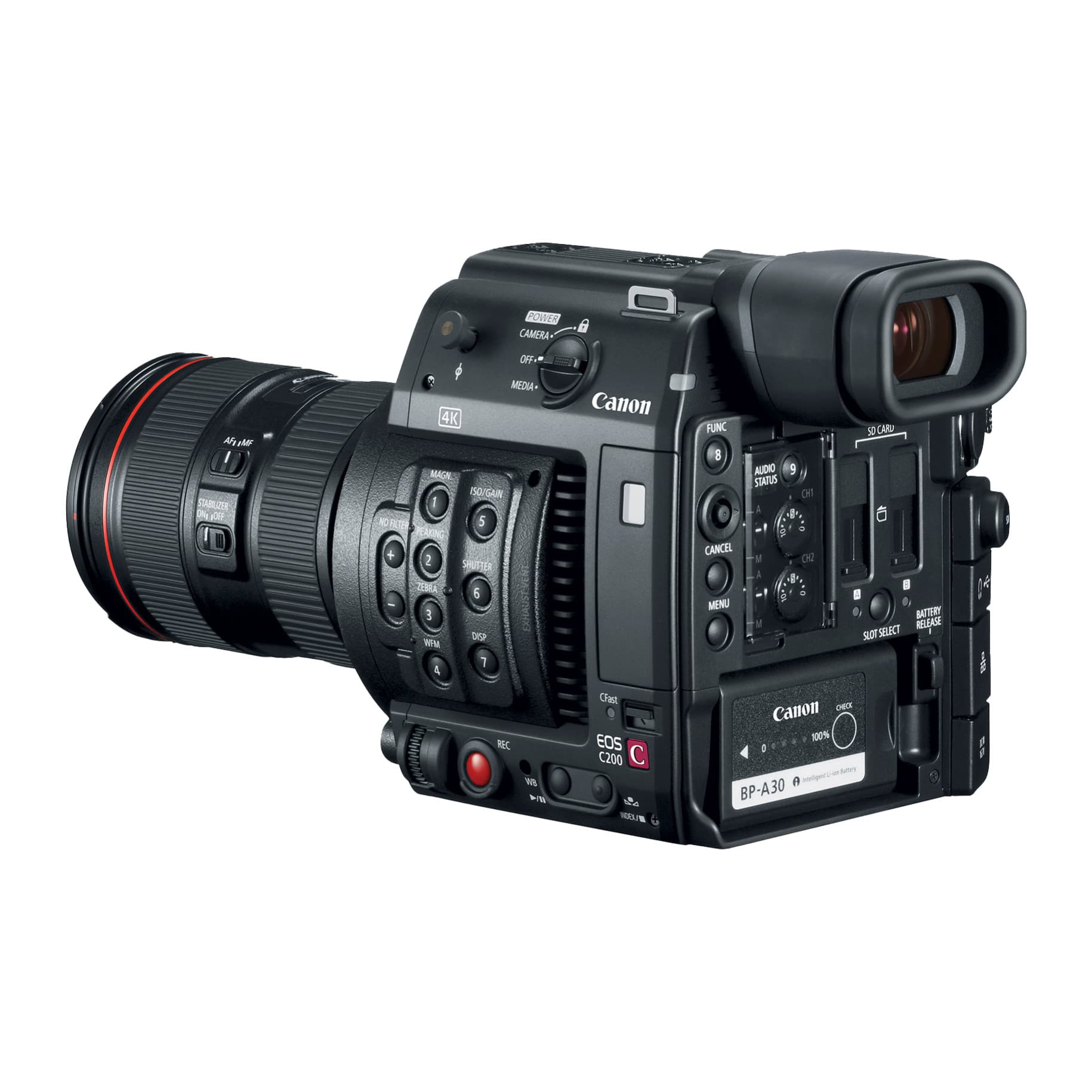Canon EOS C200 body with EF lens, no handle, showing side control buttons and viewfinder