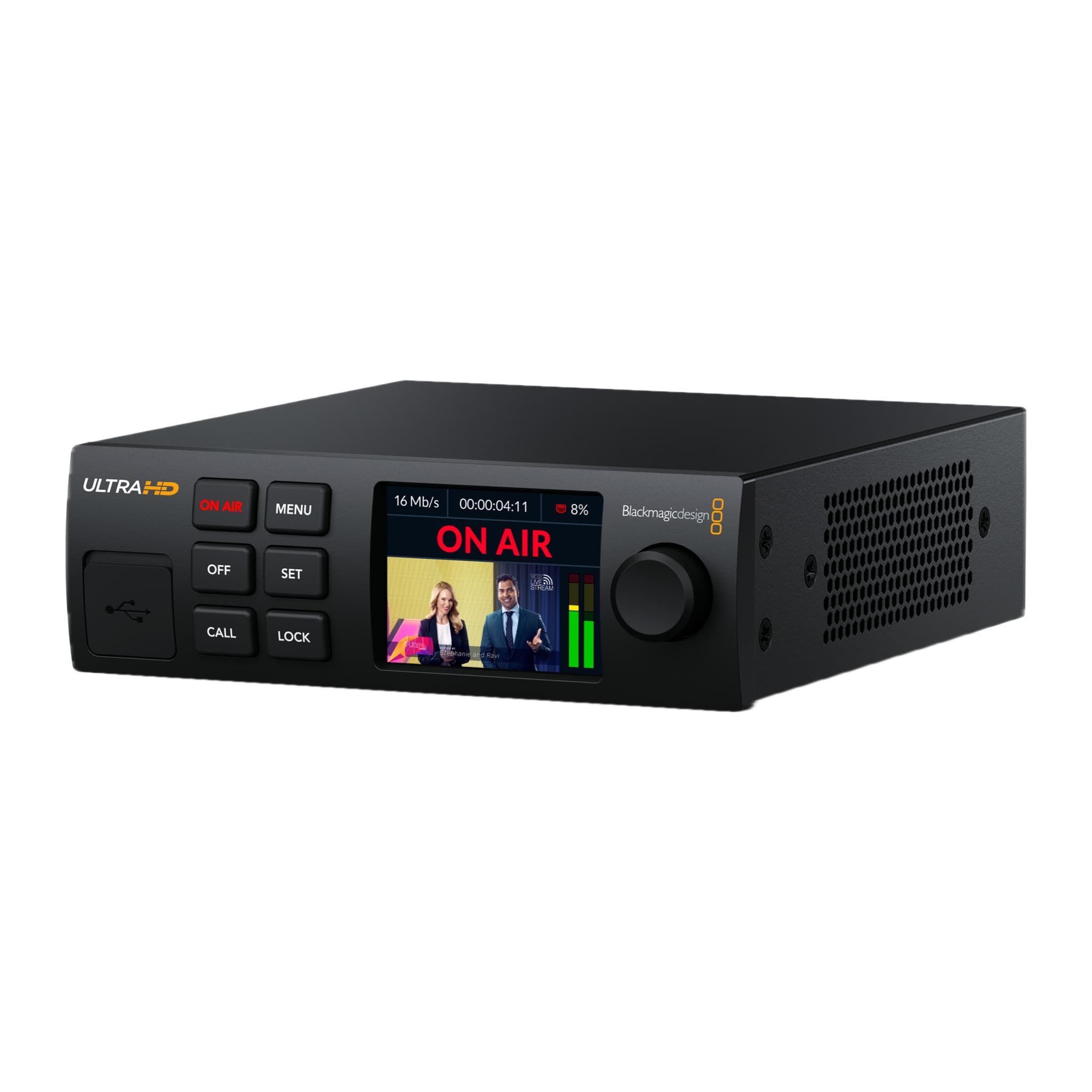 Blackmagic Web Presenter 4K at an angle, front panel LCD showing On Air and buttons
