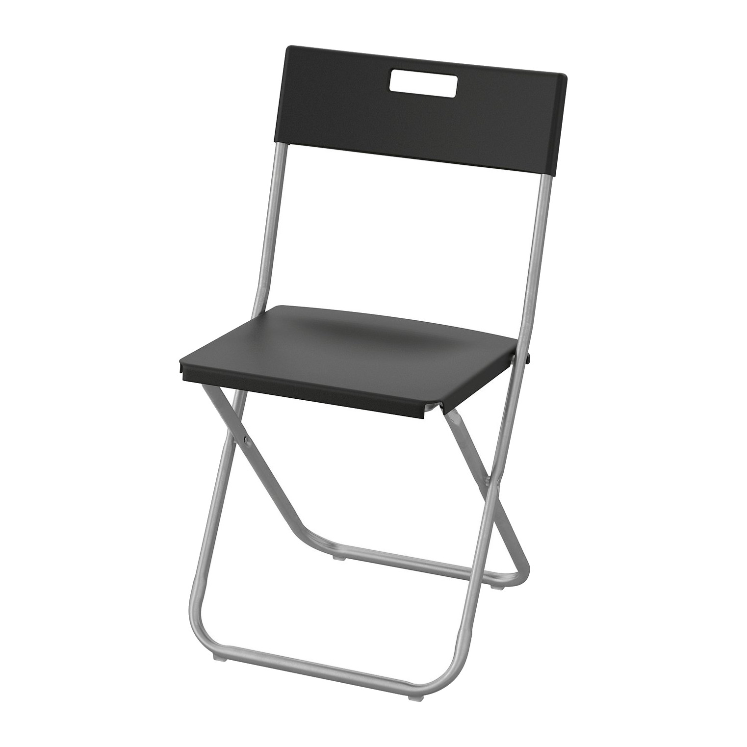 IKEA GUNDE folding chair, black plastic seat and backrest on a galvanised steel frame