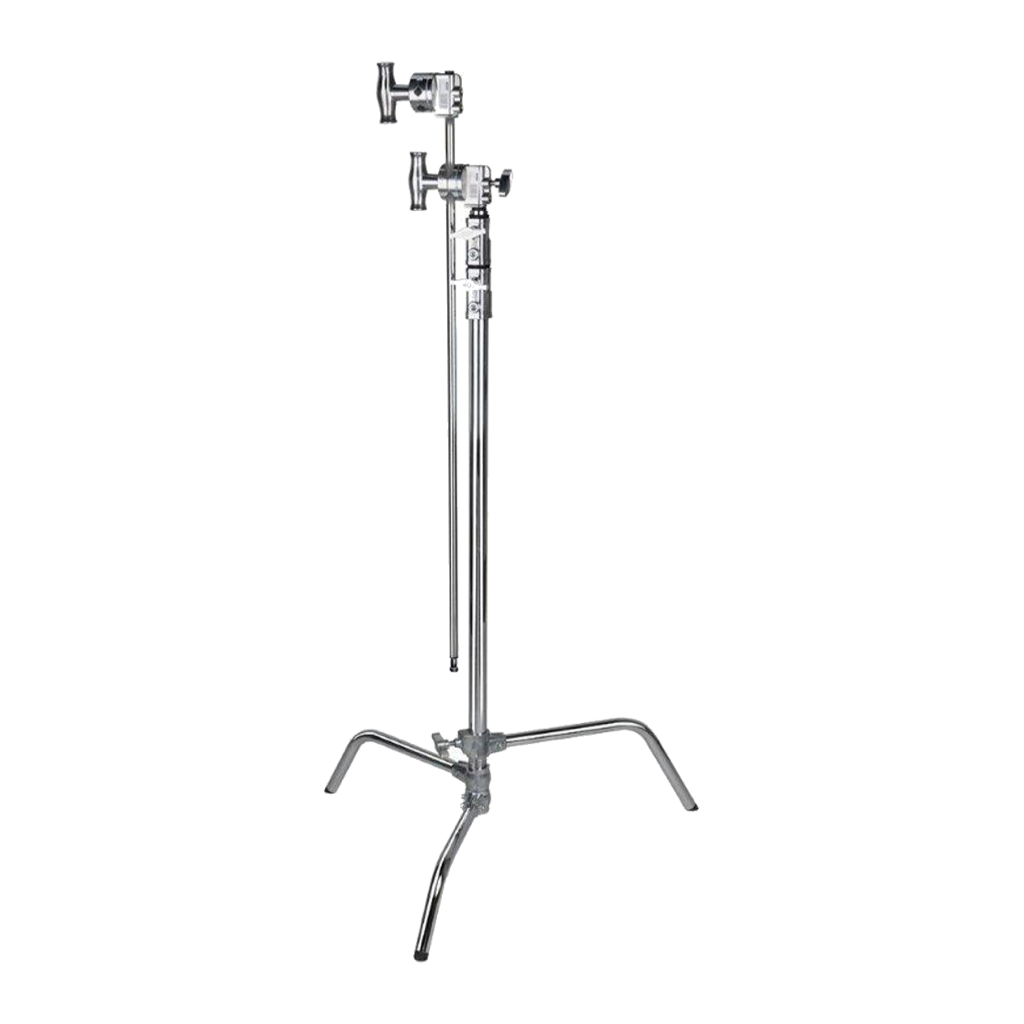 Chrome C-stand with extension arm and two grip heads, the arm stored upright beside the column