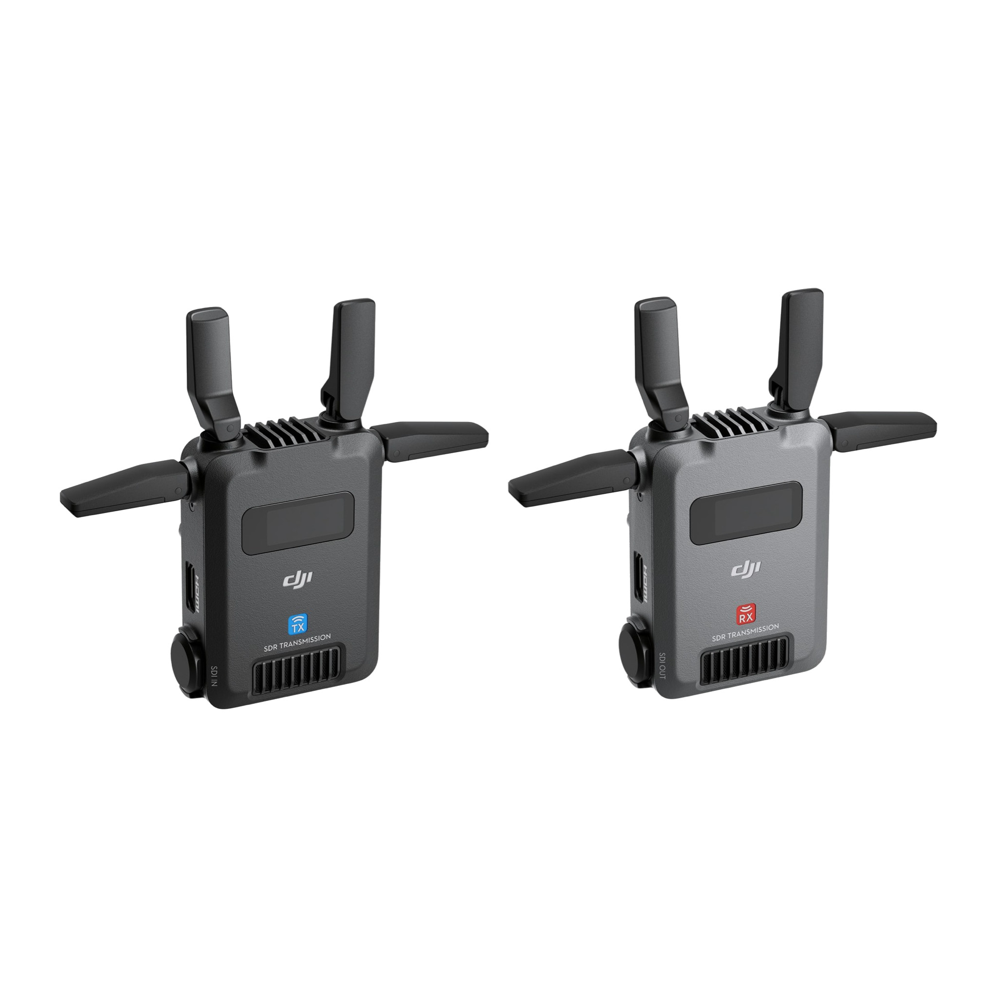 DJI SDR Transmission transmitter (TX) and receiver (RX) at an angle with antennas raised, HDMI side