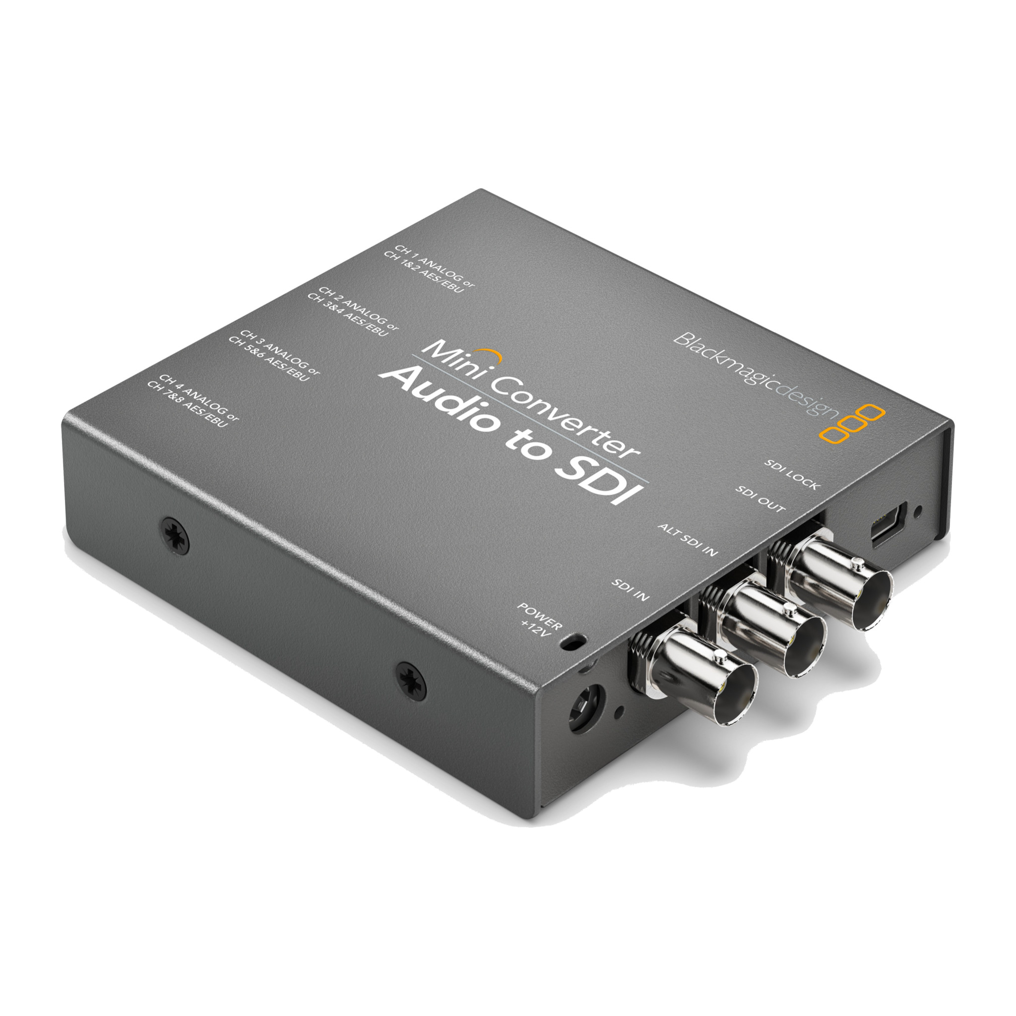 Blackmagic Mini Converter Audio to SDI, angled view of the SDI BNC connectors and power input