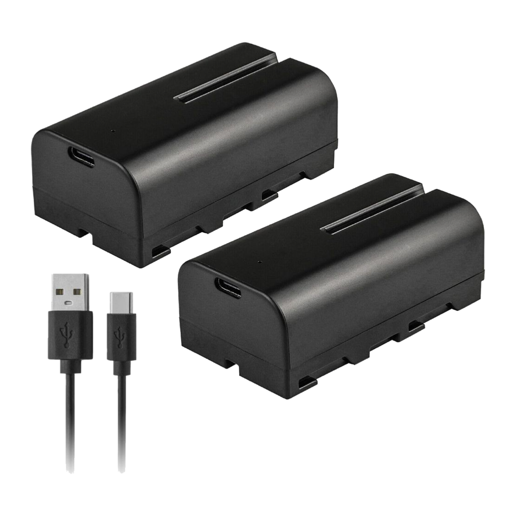 Two unbranded NP-F550-size batteries with USB-C charging ports and a USB-A to USB-C cable