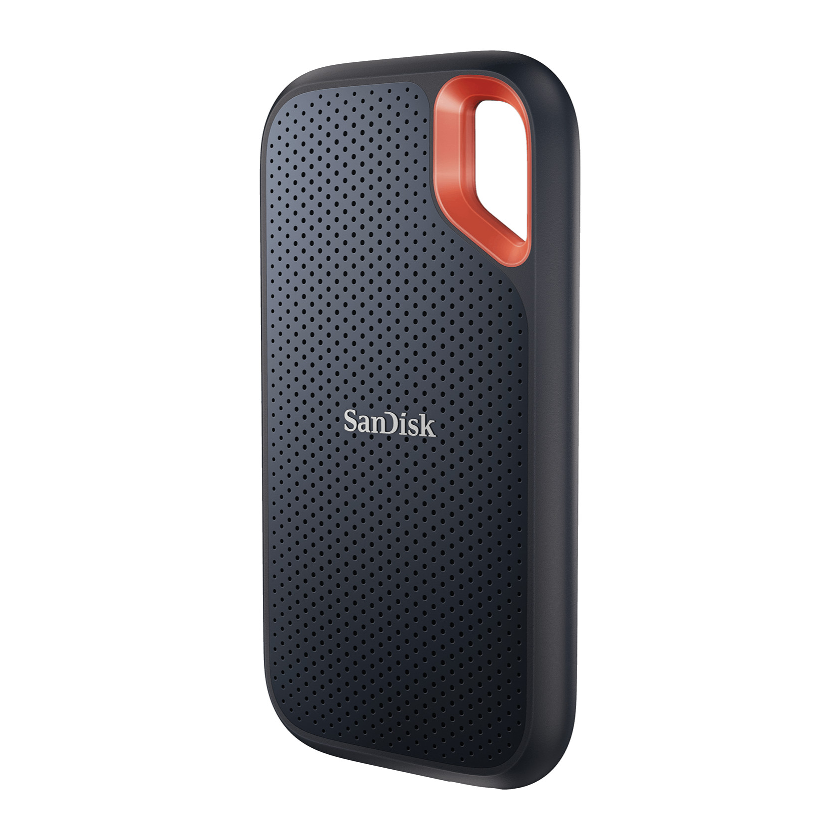 SanDisk Extreme Portable SSD V2, left three-quarter view of the rubberised black shell