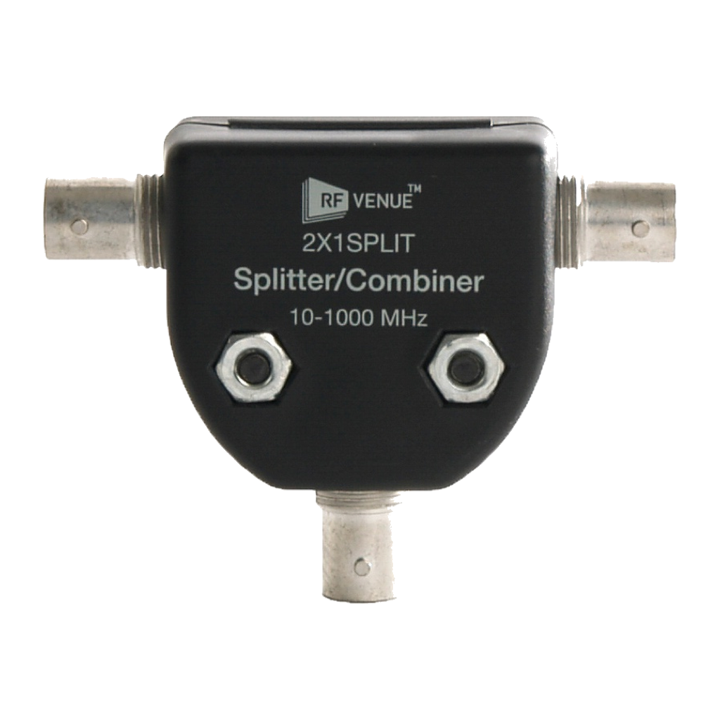 RF Venue 2x1SPLIT black splitter/combiner, front label reading 10-1000 MHz, with three BNC sockets