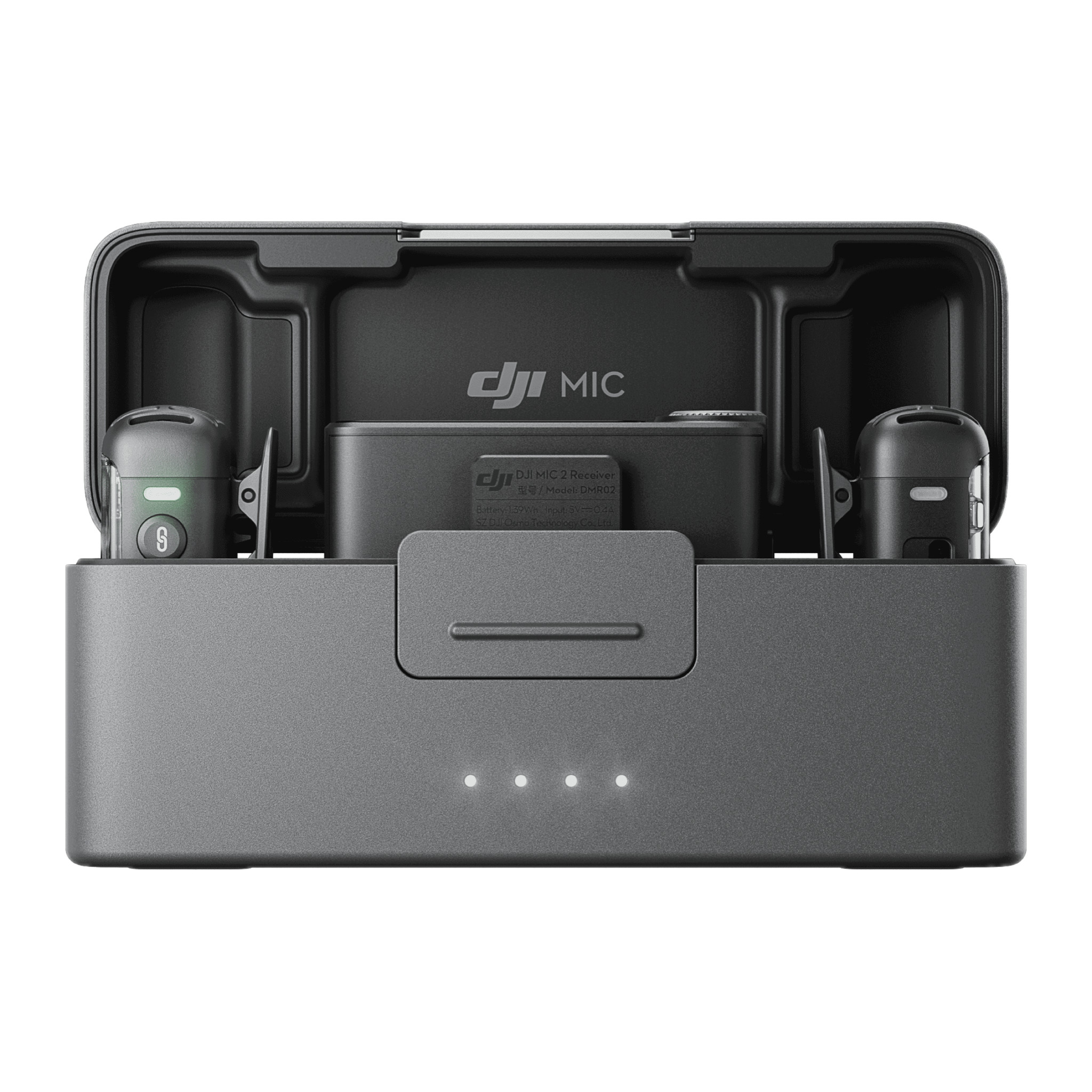 DJI Mic 2 charging case open, holding two transmitters and the receiver