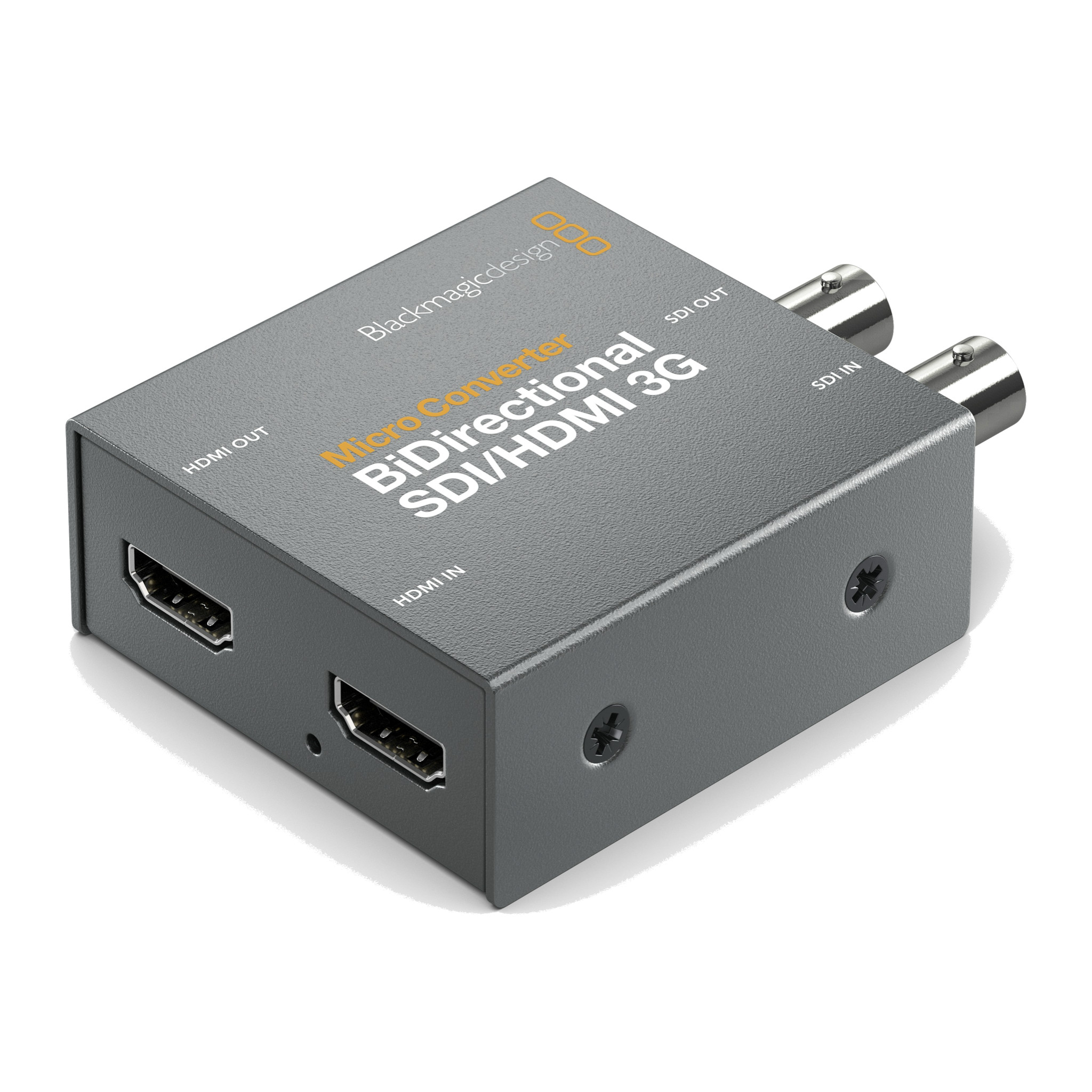 Blackmagic Micro Converter BiDirectional SDI/HDMI 3G, three-quarter view of the HDMI in and out ports