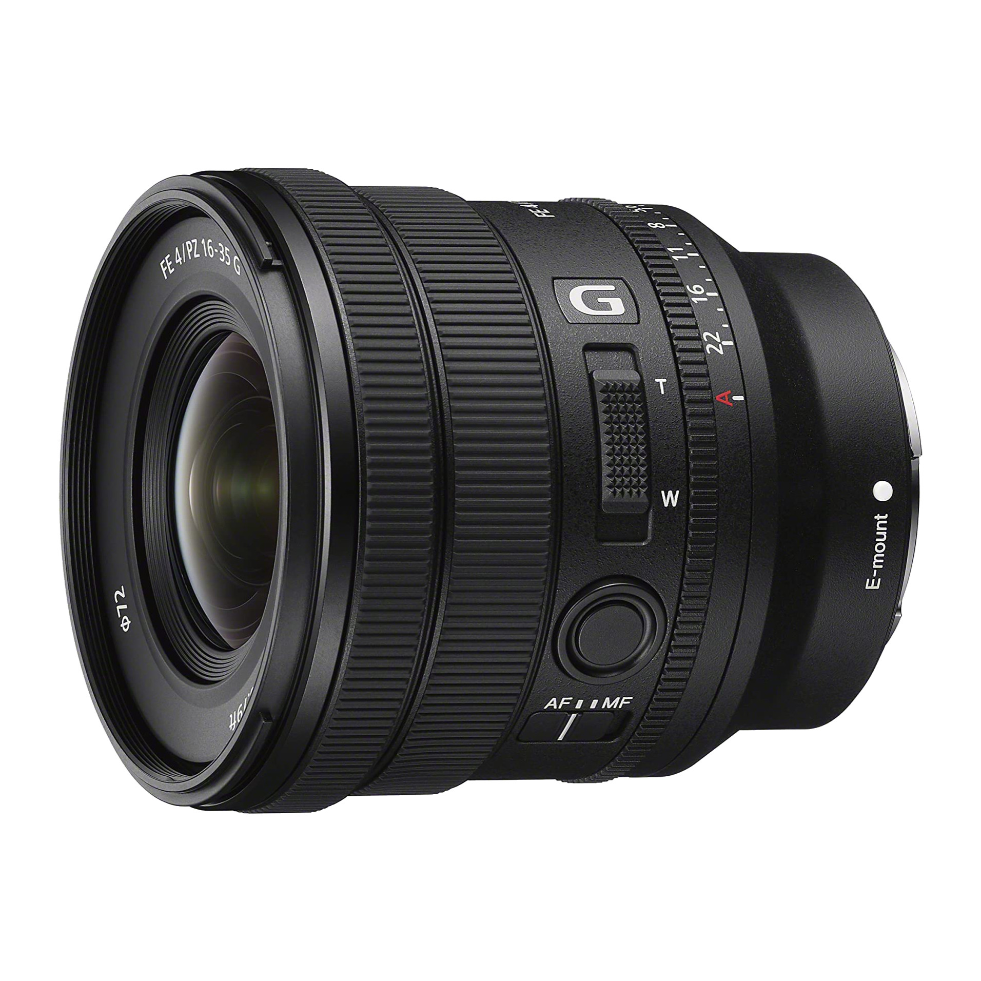 Sony FE PZ 16-35mm F4 G power zoom lens, front three-quarter view showing zoom lever and AF/MF switch