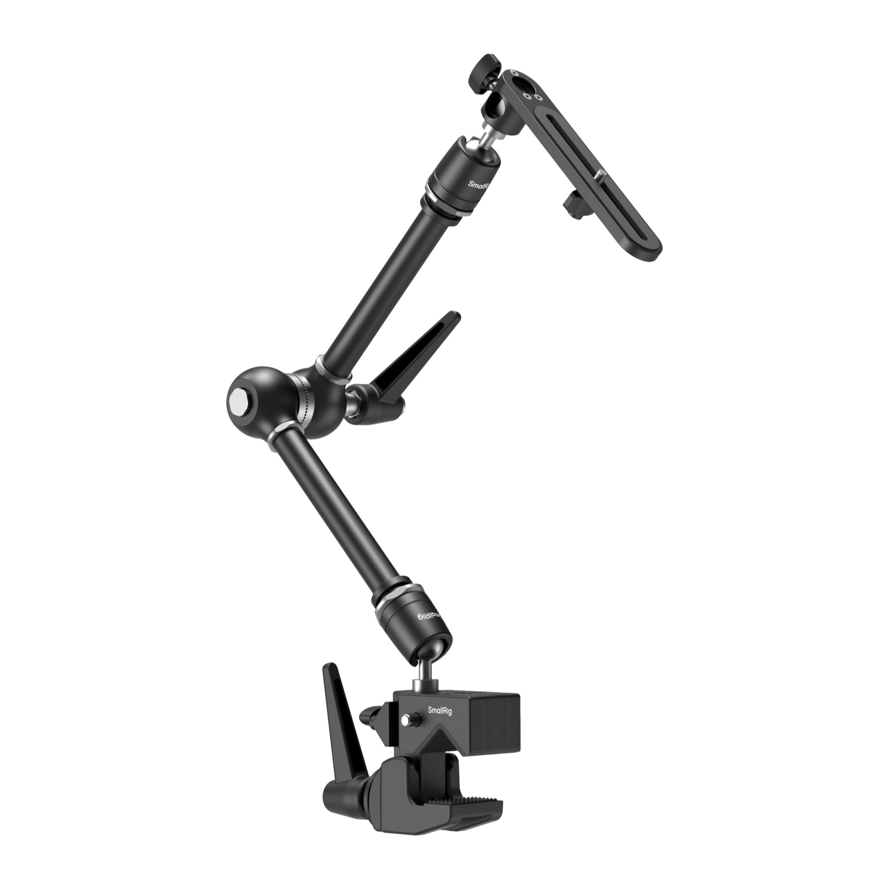 SmallRig 4862 magic arm with accessory plate mounted on its super clamp, articulated, three-quarter view