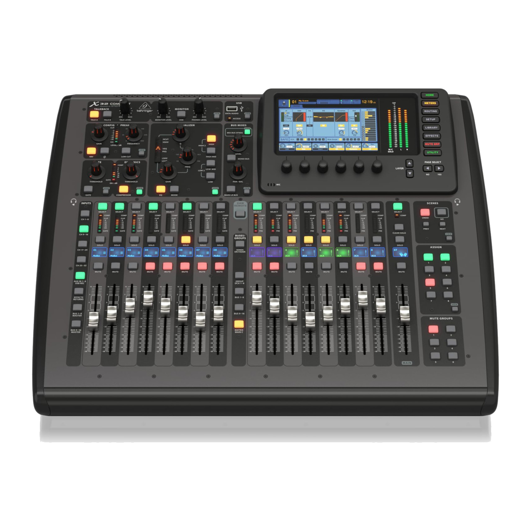Behringer X32 Compact digital mixer, front view showing motorised faders and 7-inch colour screen