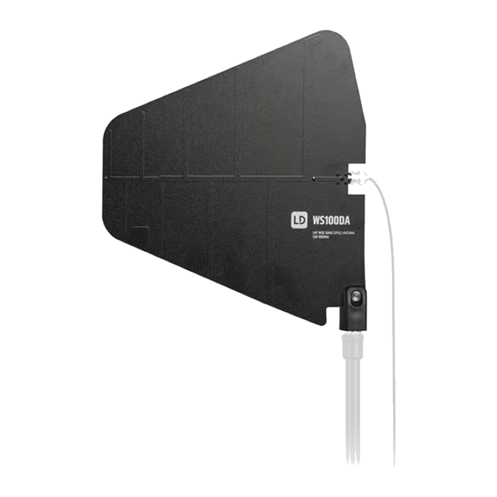 LD Systems LDWS100DA black directional paddle antenna on a mic stand with a white BNC cable attached