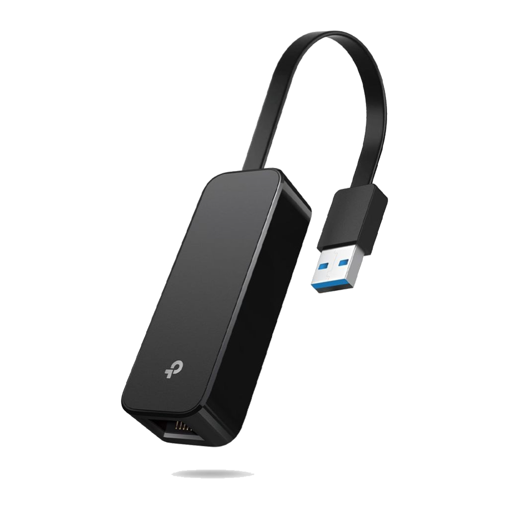 Black TP-Link UE306 USB 3.0 to gigabit Ethernet adapter with a flat USB-A cable