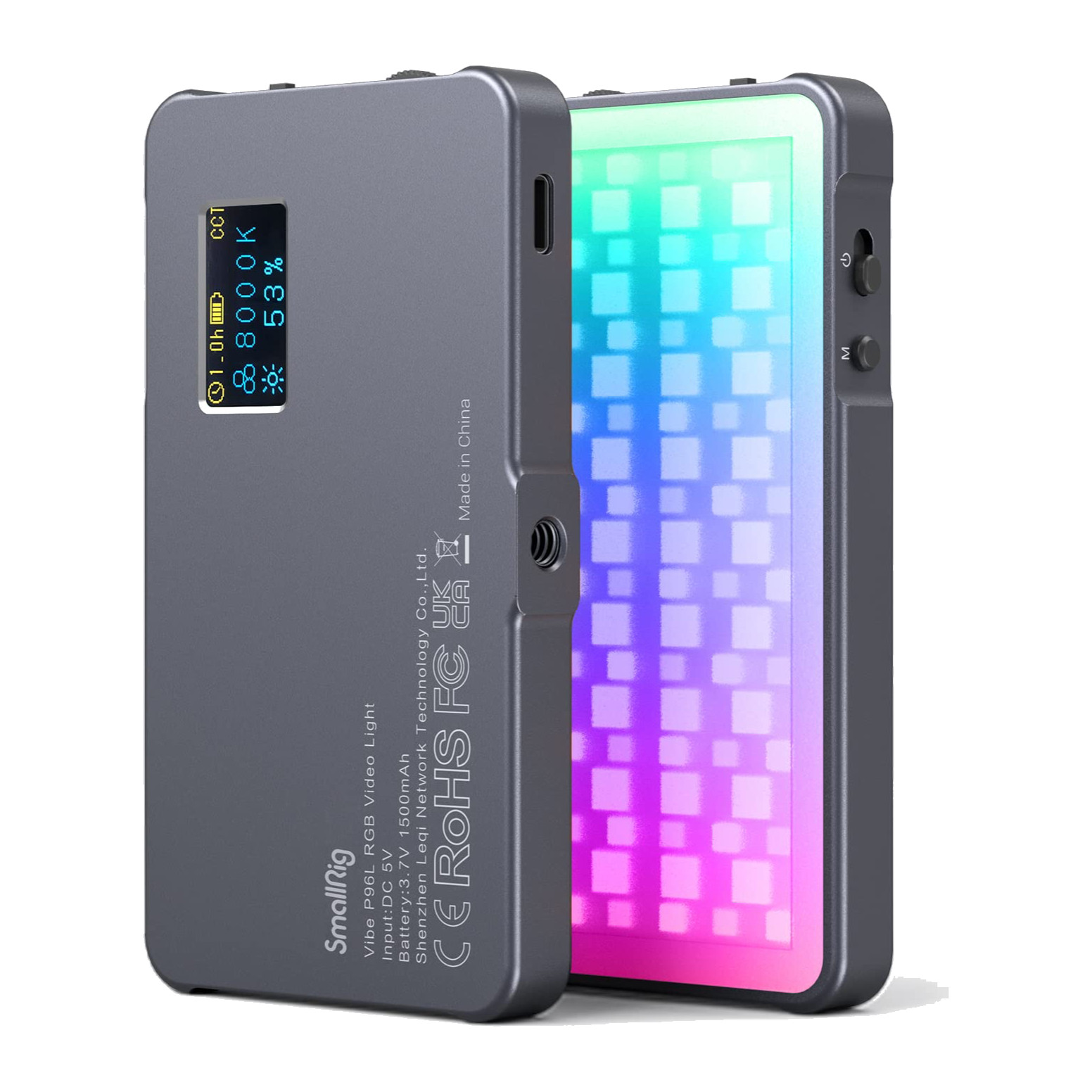 SmallRig Vibe P96L RGB light, back with OLED screen and front with RGB LED array, three-quarter view