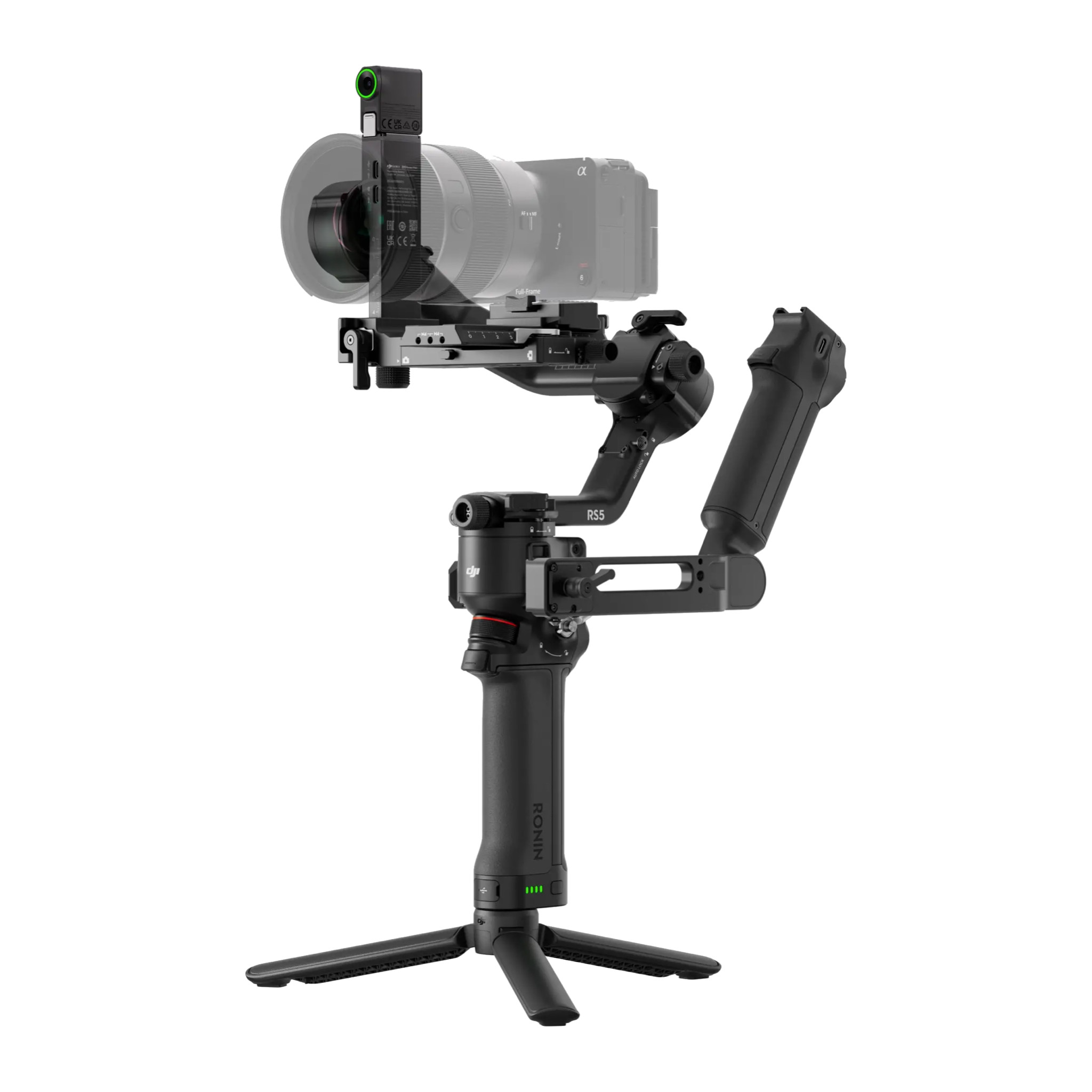 DJI RS 5 gimbal with Electronic Briefcase Handle and tracking module, front three-quarter; camera ghosted