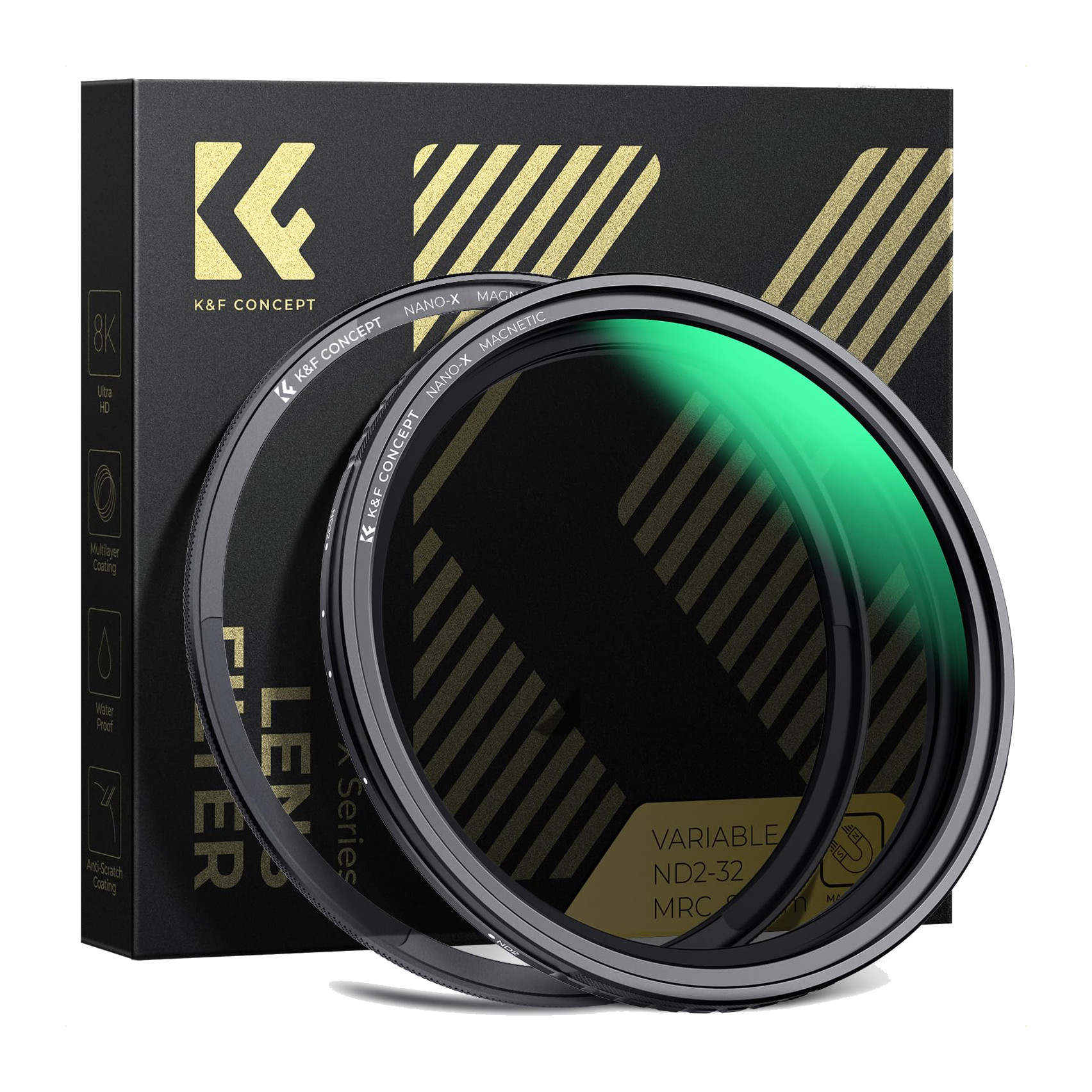 K&F Concept Nano-X magnetic variable ND2-ND32 67 mm filter with magnetic adapter ring in front of its box