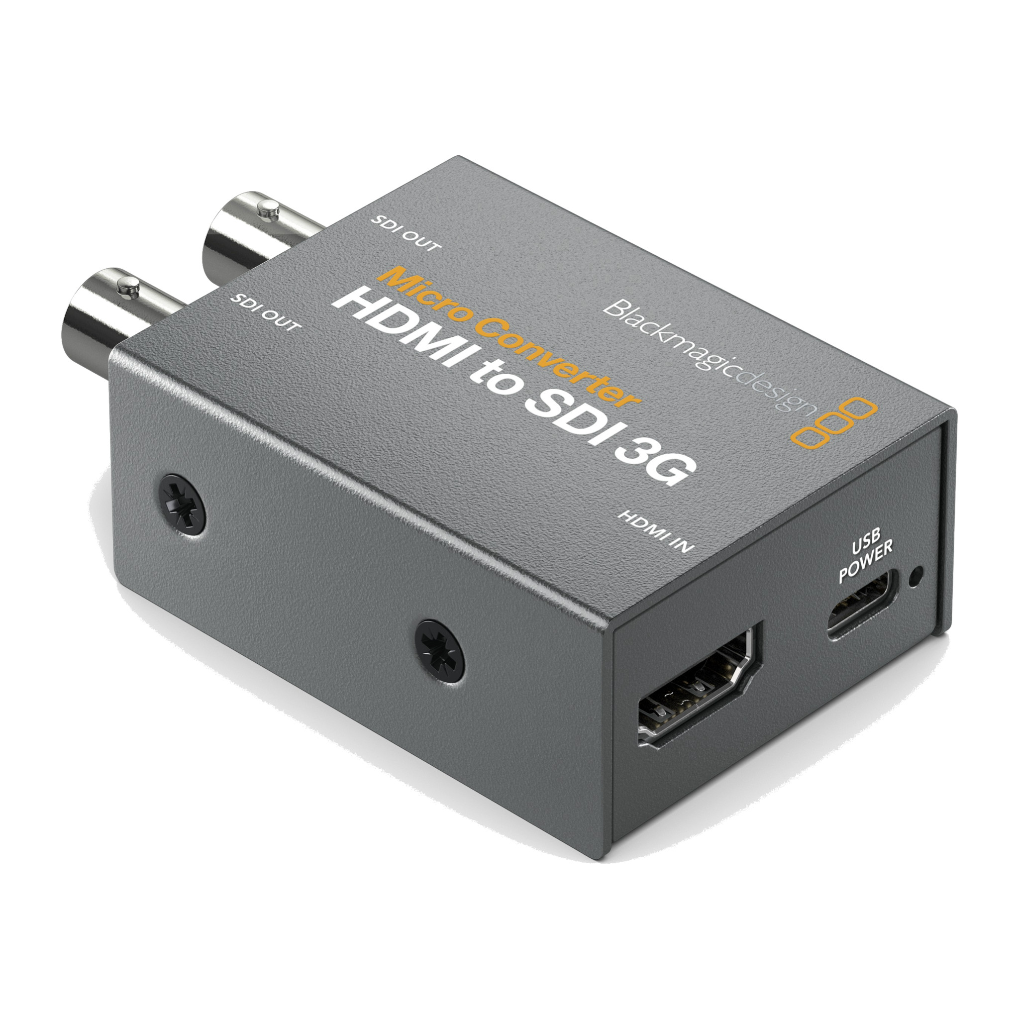 Blackmagic Micro Converter HDMI to SDI 3G, three-quarter view of the HDMI input and USB-C power port