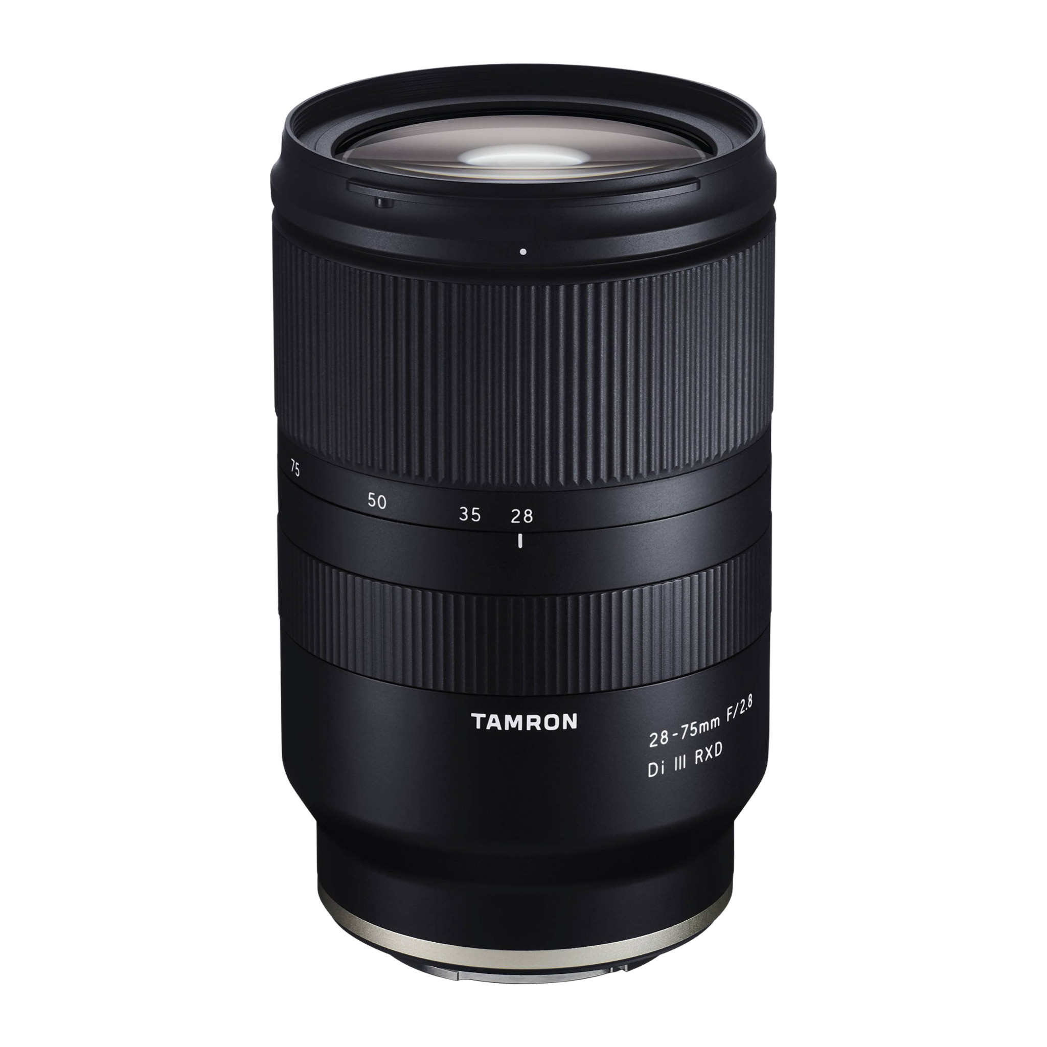 Tamron 28-75mm F/2.8 Di III RXD (A036) lens for Sony E-mount, upright front three-quarter view