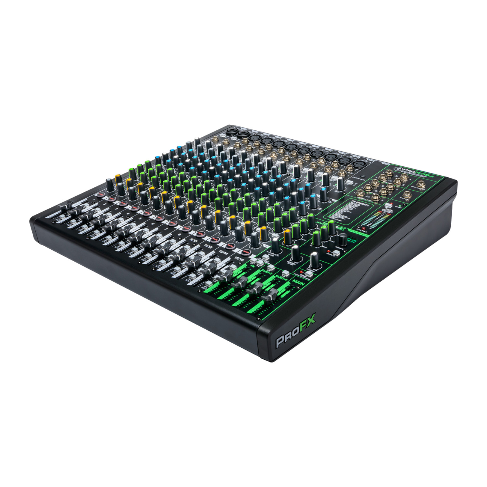 Mackie ProFX16v3 analogue mixer, front three-quarter view of the channel strips and green master section