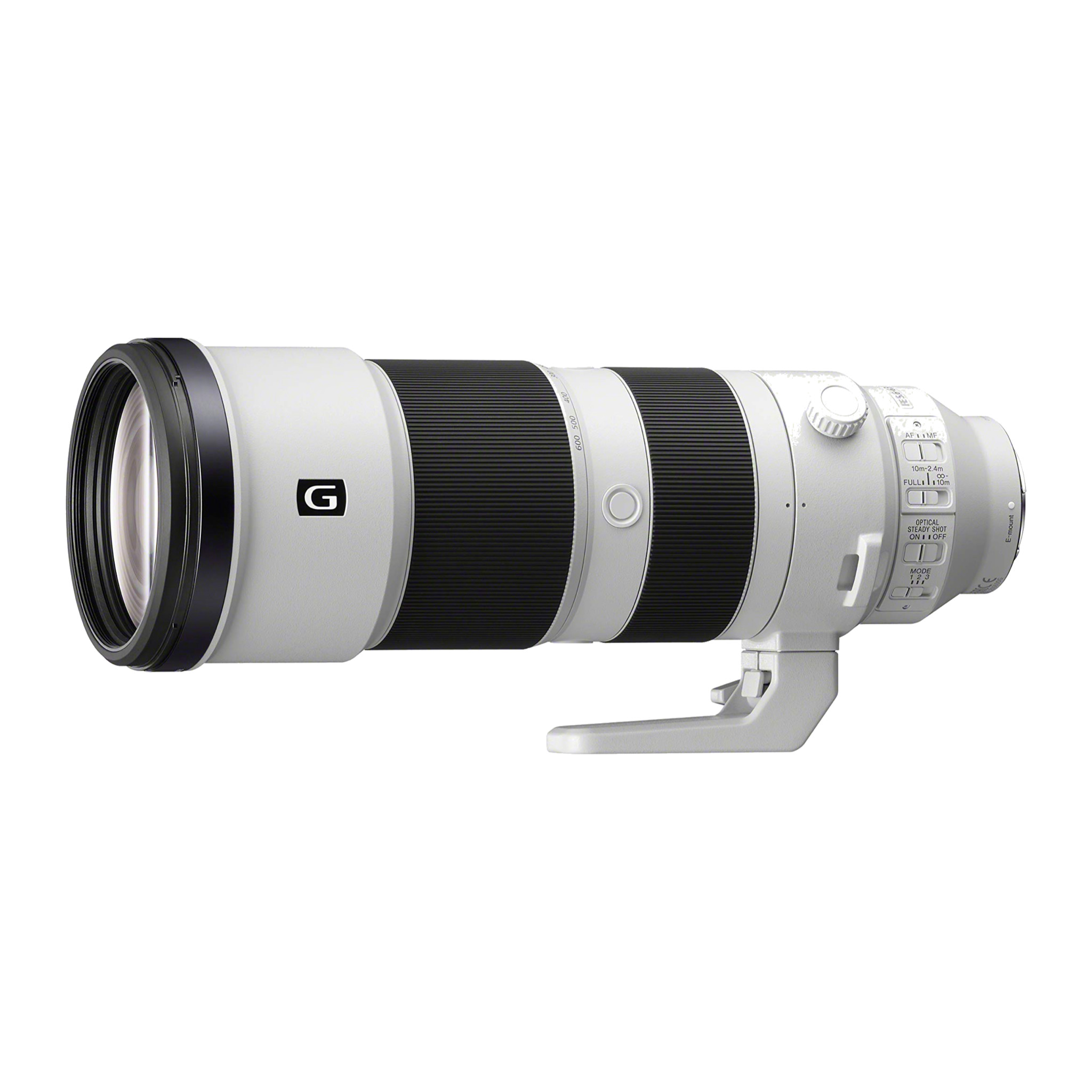 Sony FE 200-600mm F5.6-6.3 G OSS super-telephoto zoom with tripod foot, front three-quarter view