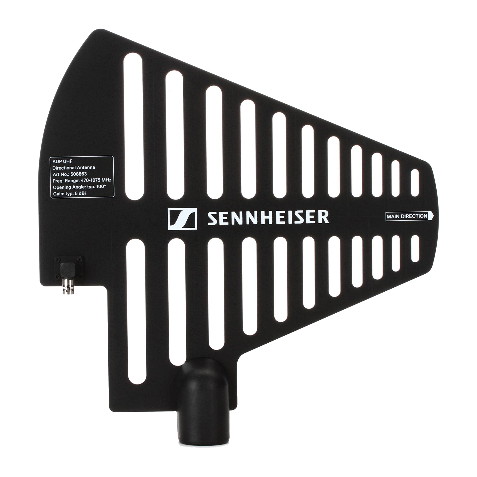 Sennheiser ADP UHF passive directional paddle antenna, front view with label, BNC socket and mount