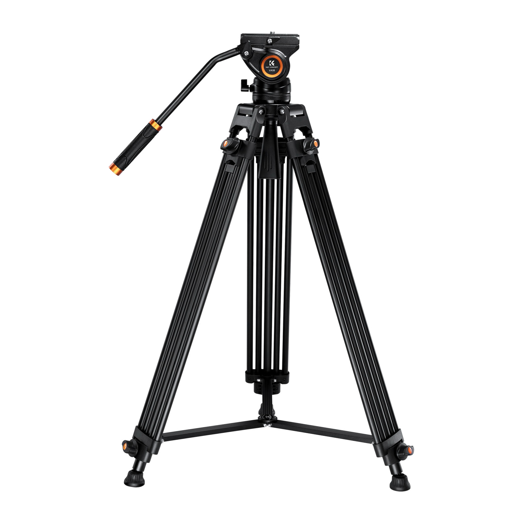 K&F Concept VA18 72in video tripod open, fluid head with pan handle and mid-level spreader